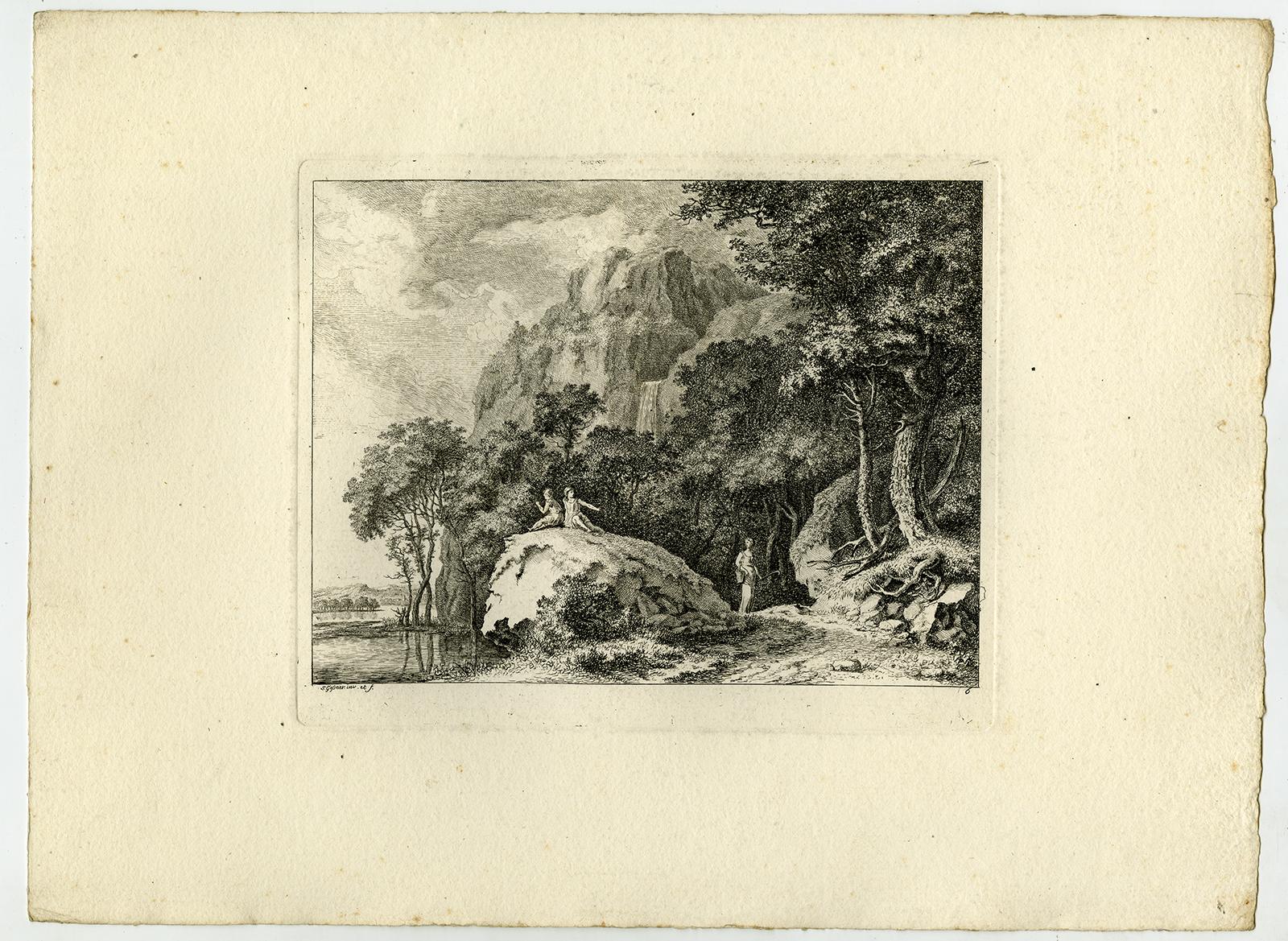 Subject:  Antique Master Print, untitled.  - Mountainous landscape with two people sitting on a boulder.

Description:  From a set with landscapes in the 'antique' taste. . State: Second state of 2. Ref: L/E 16.

Artists and Engravers:  Made by