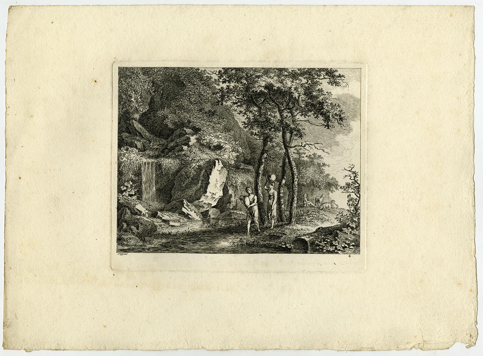 Subject:  Antique Master Print, untitled.  - Two women with pitcher near a spring and a child with sheep.

Description:  From a set with landscapes in the 'antique' taste. . State: Second state of 2. Ref: L/E 14.

Artists and Engravers:  Made by