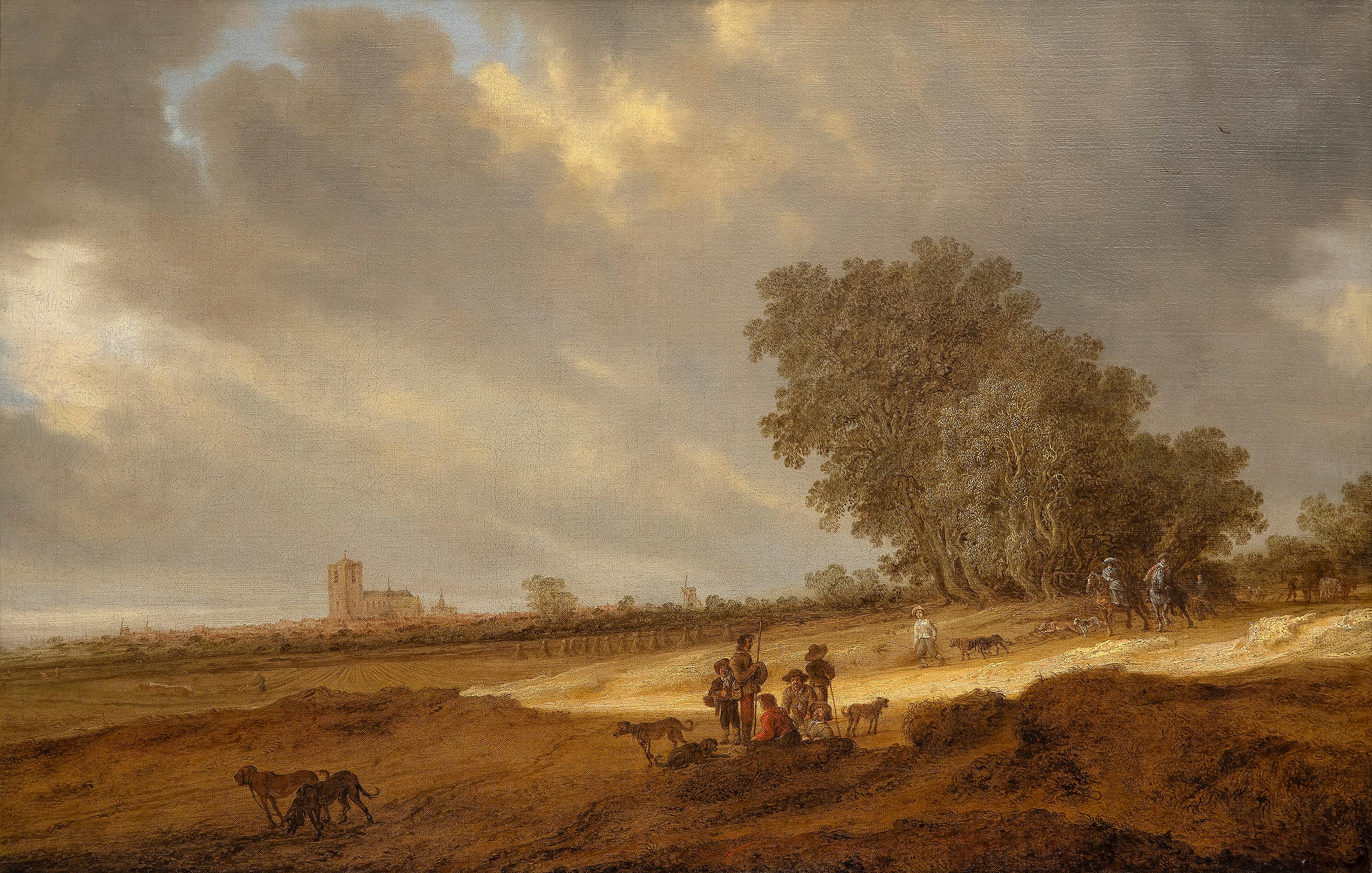 A Dune Landscape with Figures Resting and a Couple on Horseback, a View of Nijme - Painting by Salomon van Ruysdael