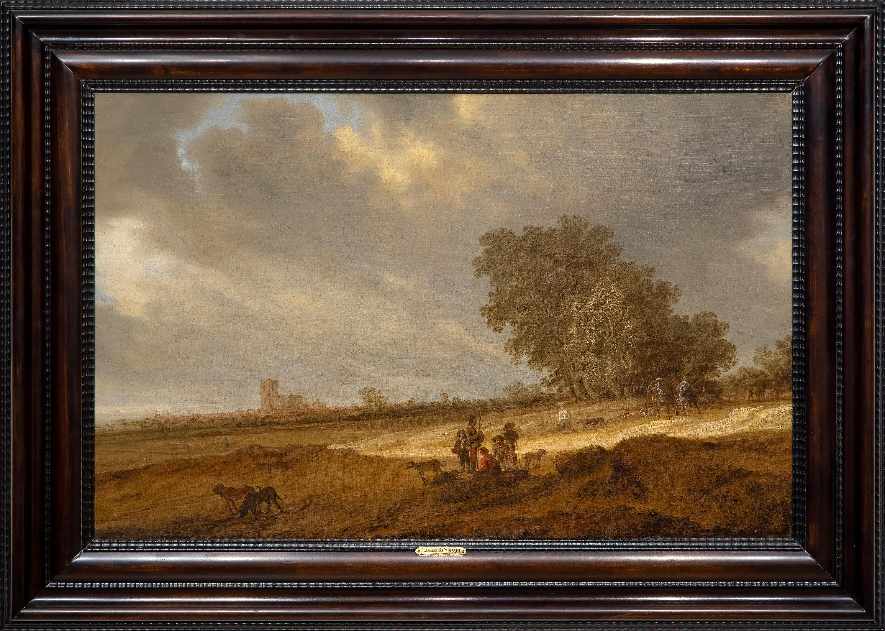 Salomon van Ruysdael Landscape Painting - A Dune Landscape with Figures Resting and a Couple on Horseback, a View of Nijme