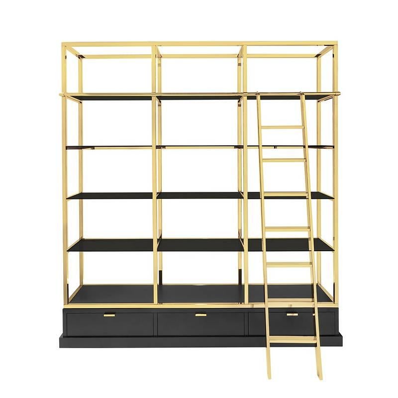 Bookcase Salon with structure in metal in gold finish.
With black tempered glass shelves and three drawers.
With removable ladder.
Also available in metal chrome finish.