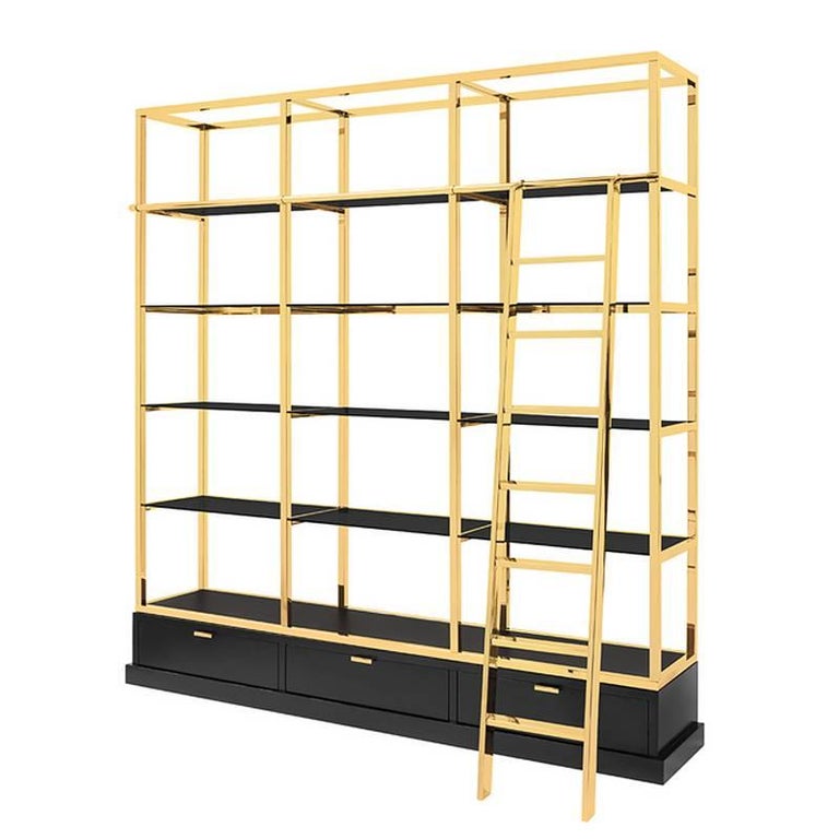 Salon Bookcase in Gold or Chrome Finish at 1stDibs gold bookcase, gold and black bookcase