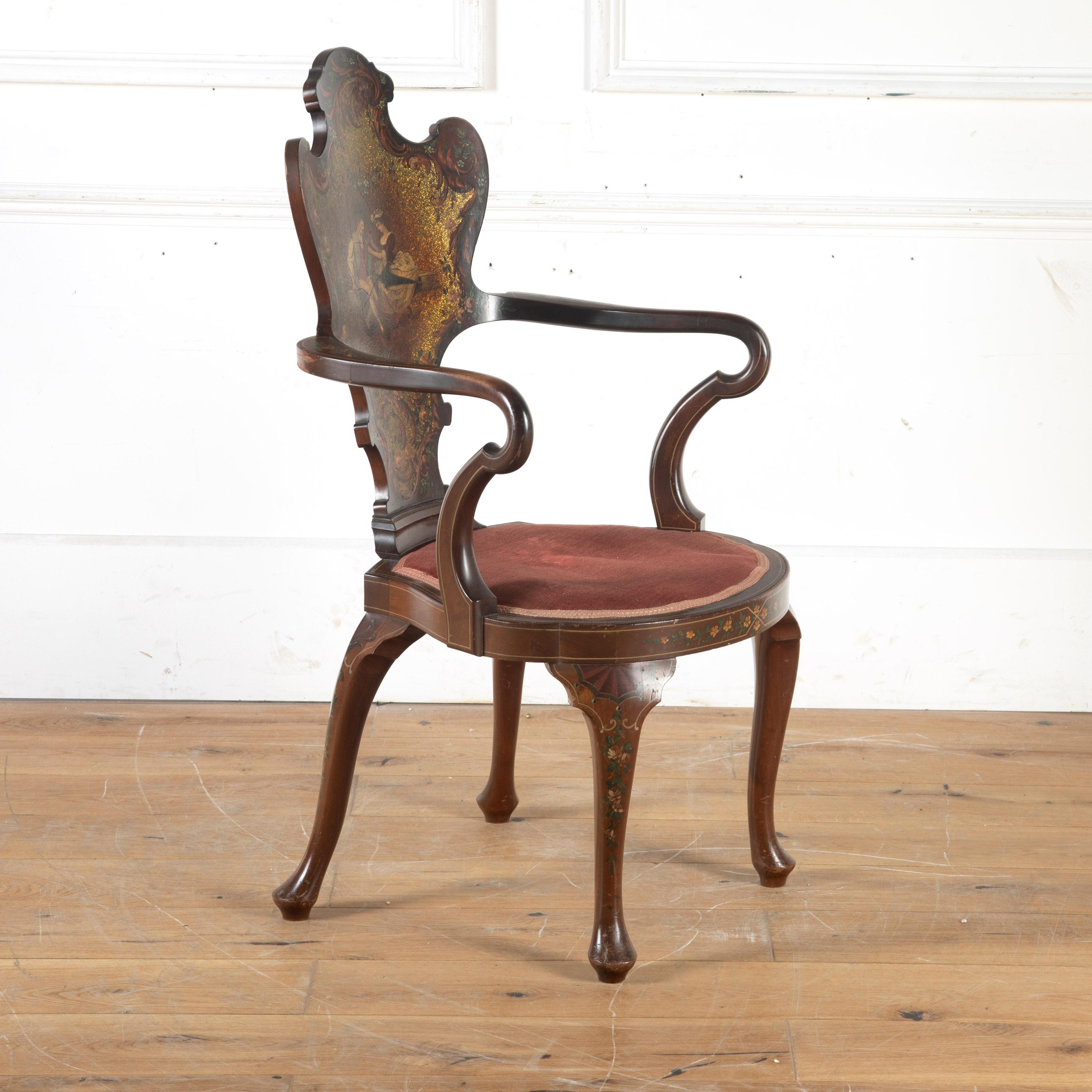 Highly decorative late 19th century salon chair in the Italian taste. 

This fine quality chair is made by the eminent makers Edwards & Roberts of Wardour Street and Oxford Street, London.

The chair is painted throughout with classic scenes and