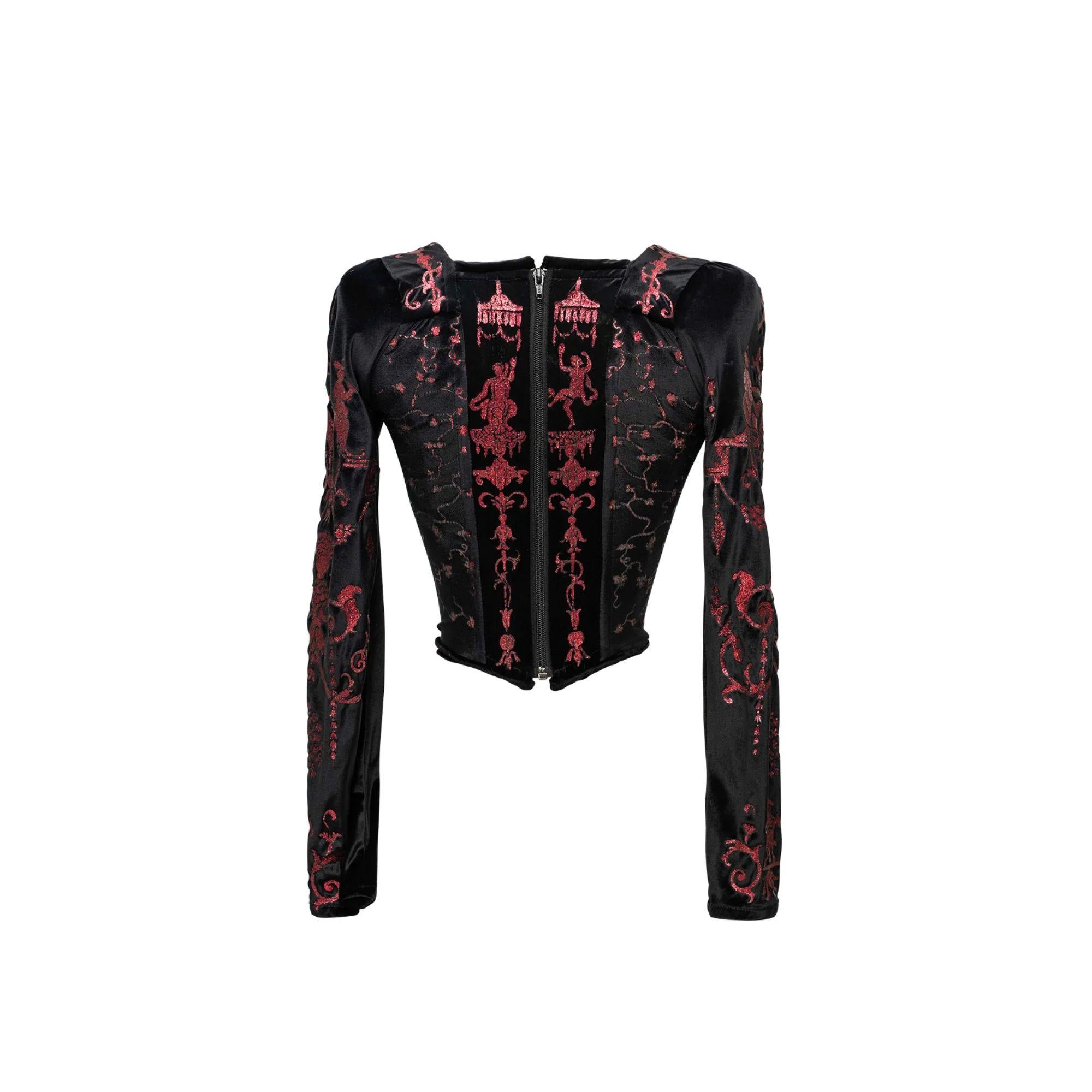 ‘Salon’ Collection Black and Pink Boulle Print Velvet Corset, 1992 In Good Condition In North Hollywood, CA