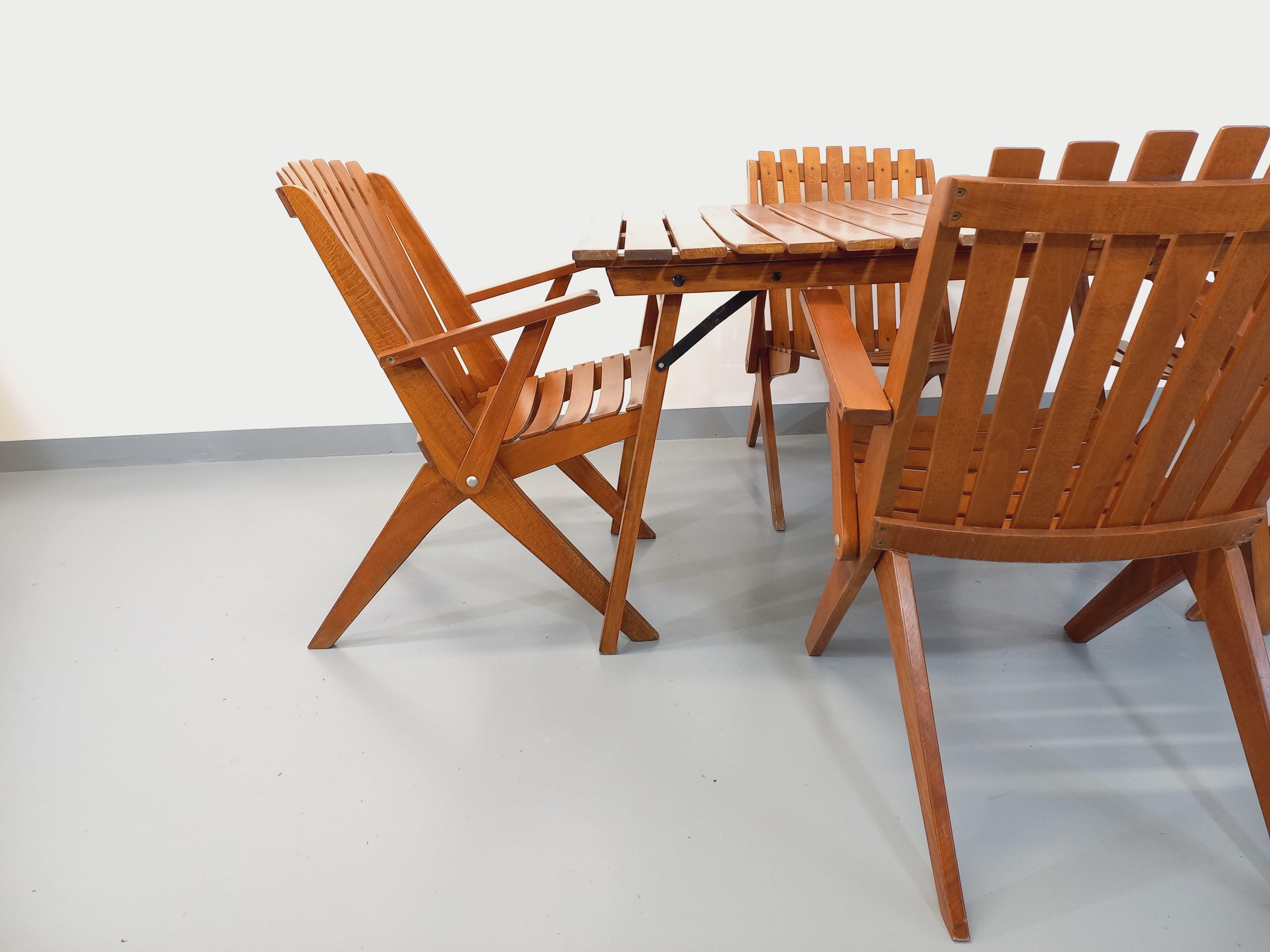 Mid-Century Modern Salon de jardin vintage composé d’une table et de 4 chaises en bois années 60