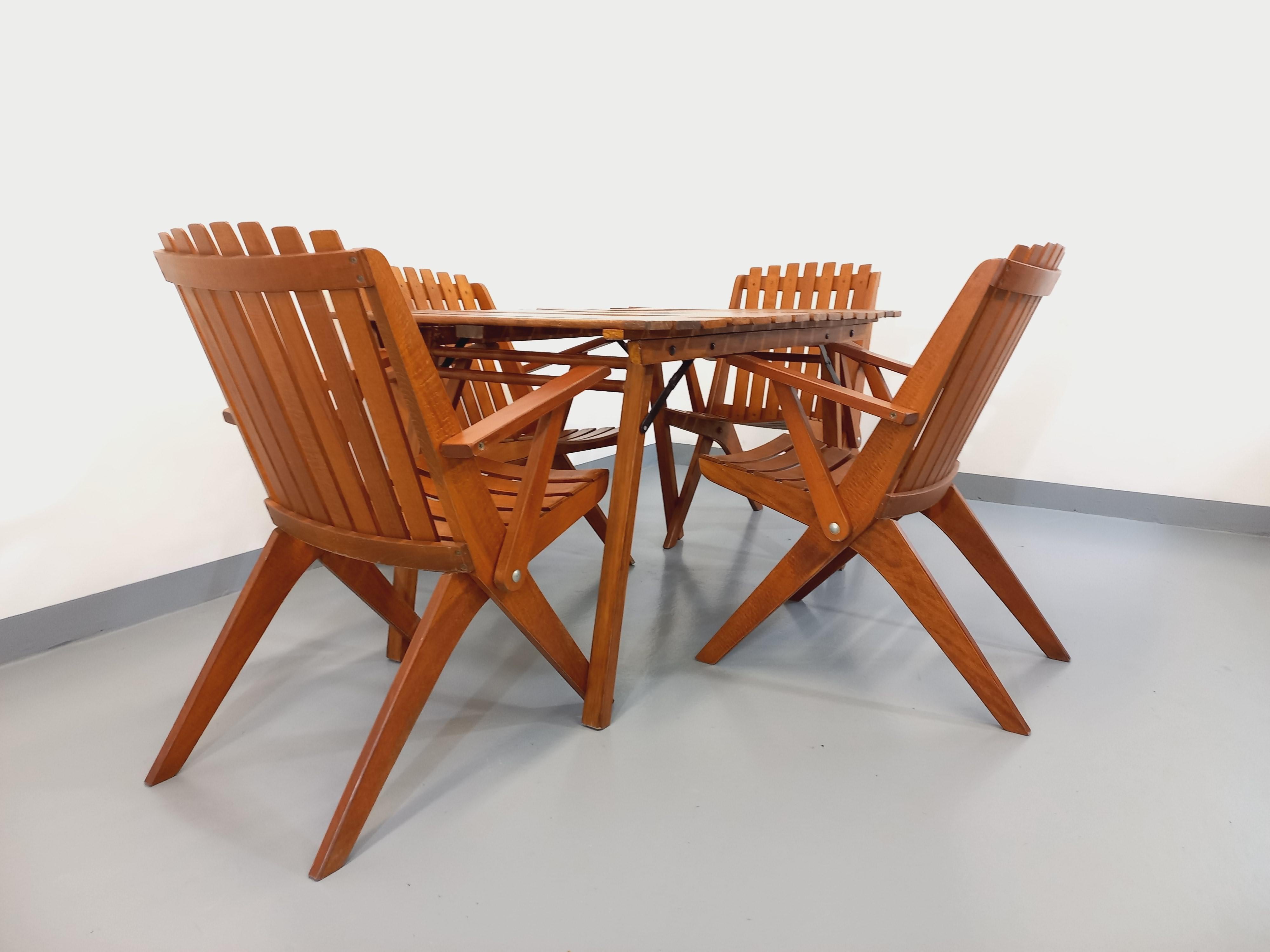 Wood Salon de jardin vintage composé d’une table et de 4 chaises en bois années 60