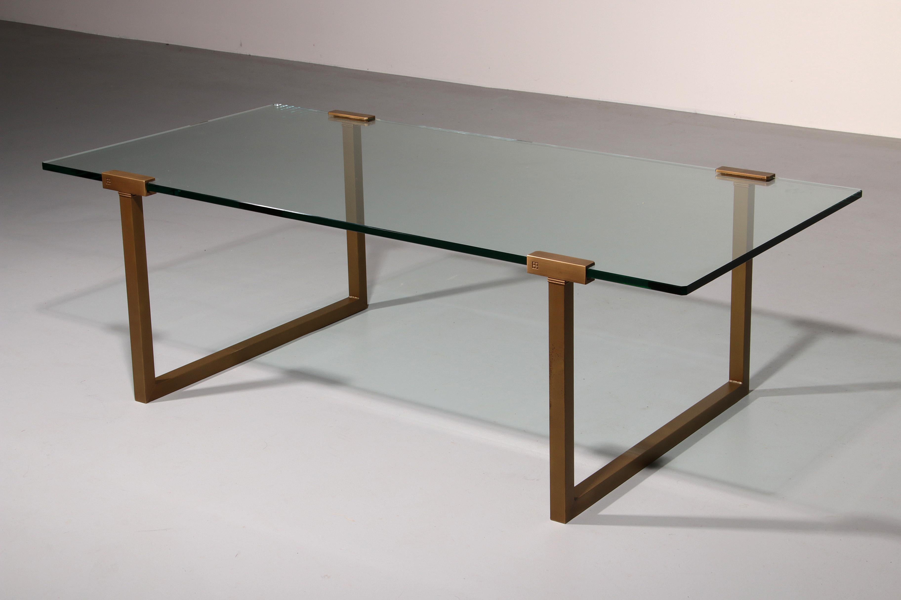 Dutch Salon Table Glass and Brass by Peter Ghyczy Model T54 1970 For Sale