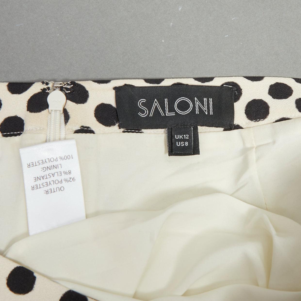 SALONI cream black polka dot bias ruffle kick hem midi skirt US12 XL en venta 1
