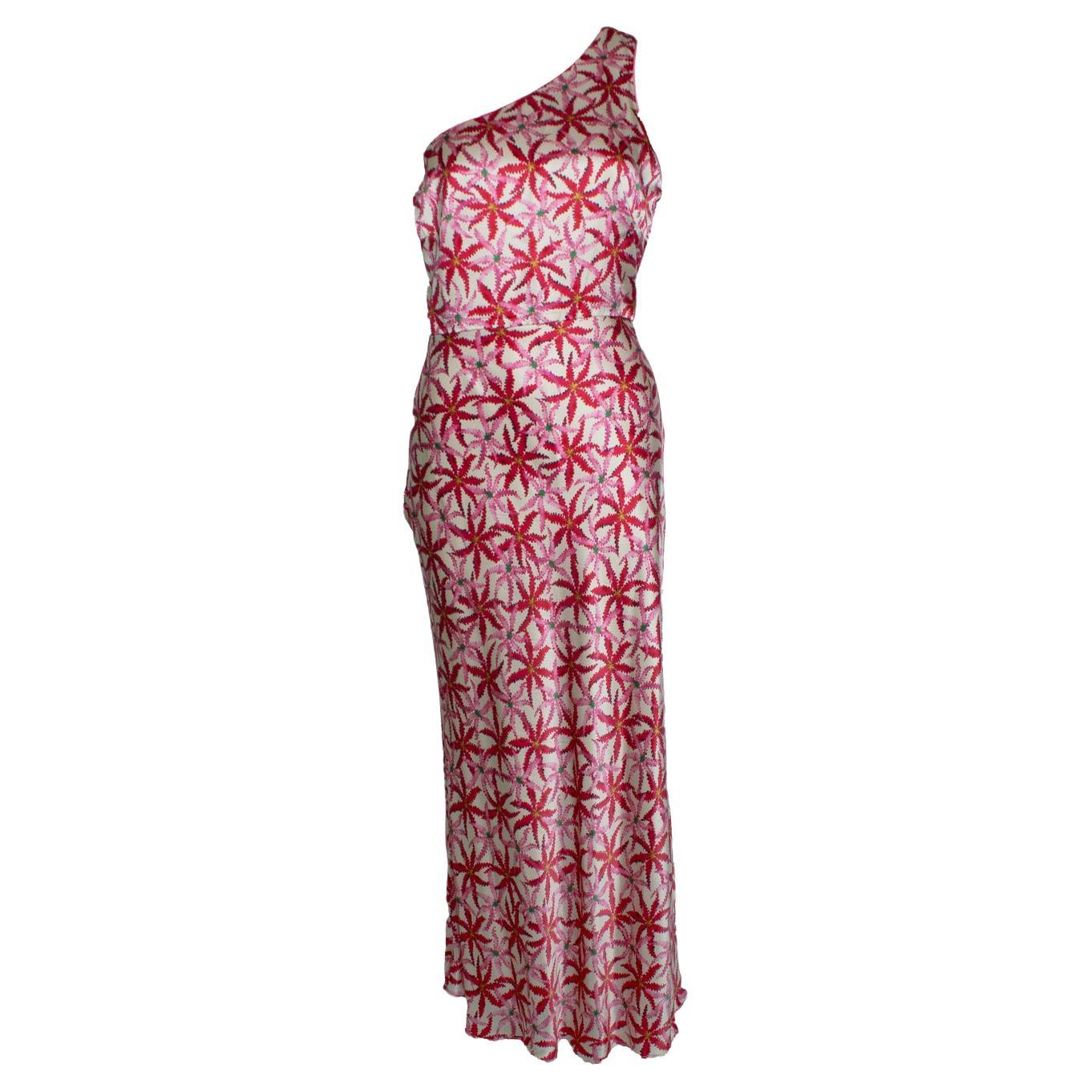 Saloni, one shoulder printed silk satin midi dress For Sale