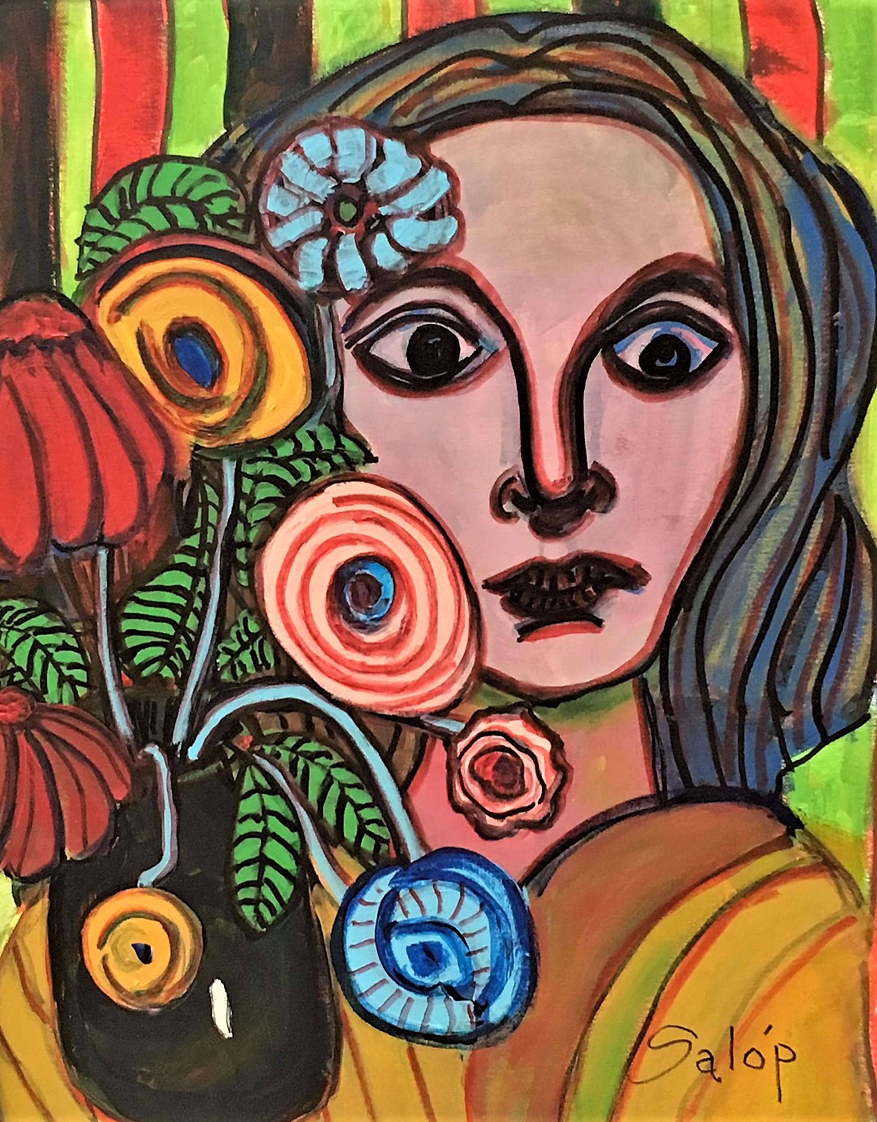 Salop'- Ed Ryman Figurative Painting - Woman in Love With Flowers