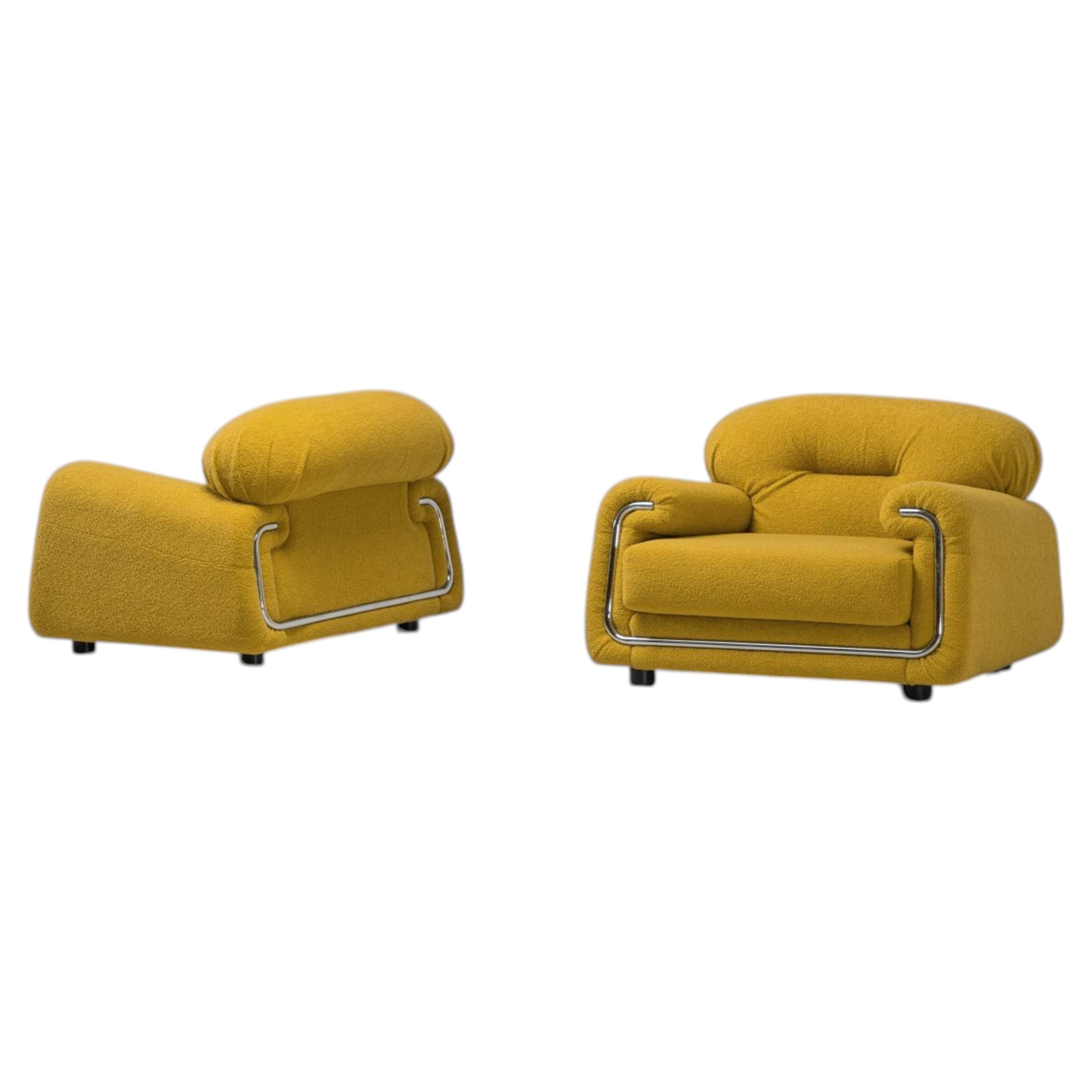 Salotti B&T lounge chairs in yellow Bouclé Italy 1970s