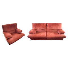 Vintage Salotti Italian Leather 2 Seater Sofa and Lounge Chair Set