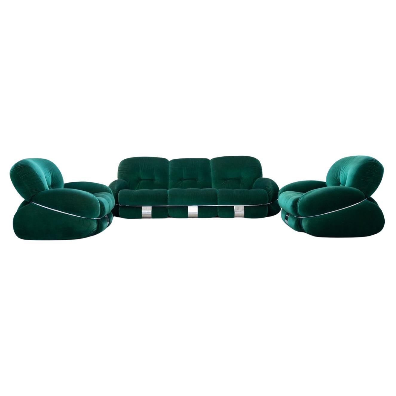 Salotto, 2 poltrone e divano 3 posti, Modello OKAY, Adriano Piazzesi, 1970 For Sale