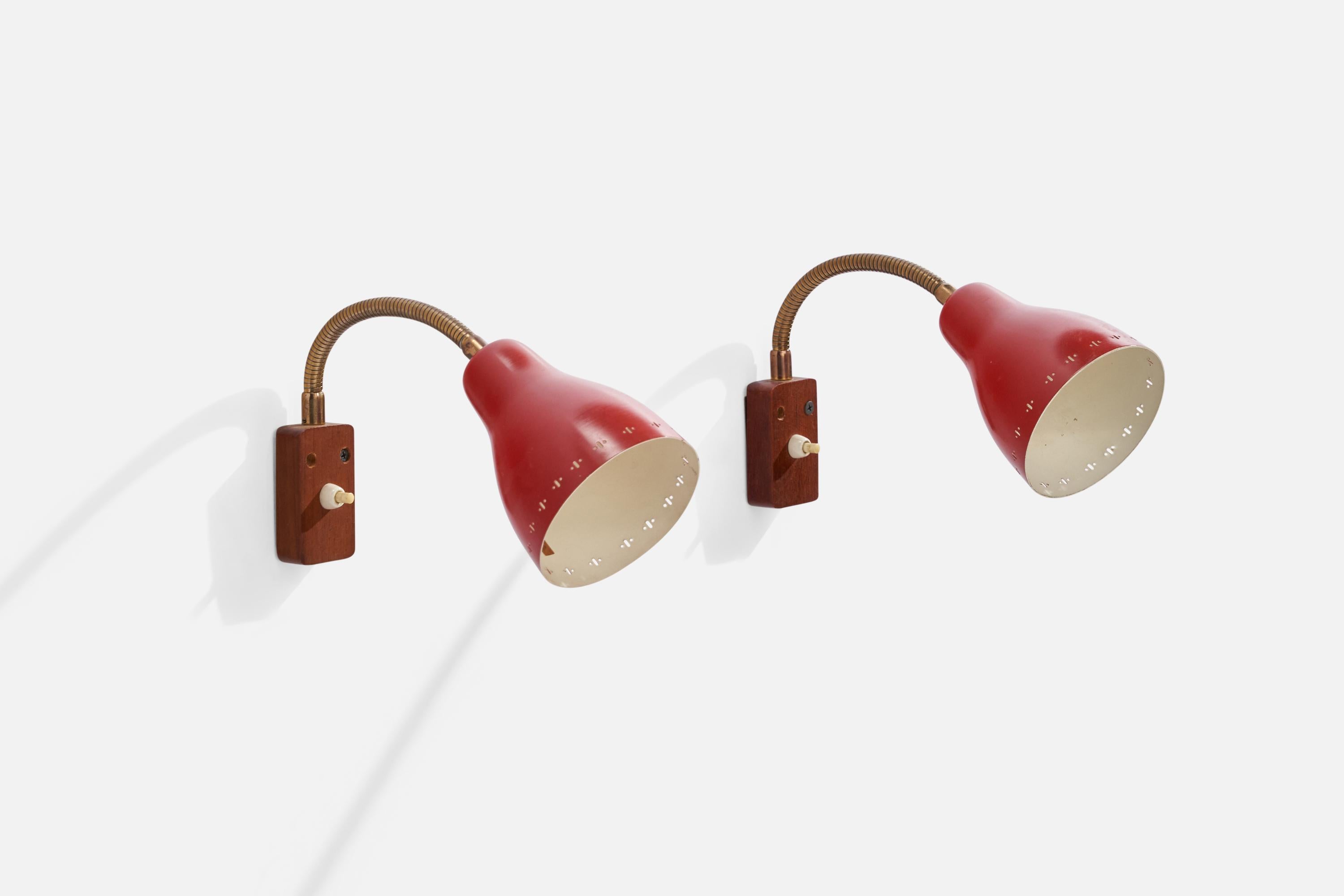 A pair of adjustable teak, brass, and red-lacquered metal wall lights designed and produced by Salstads Armaturindustri, Sweden, 1950s.

Overall Dimensions (inches): 16” H x 4.25”  W x 10” D
Back Plate Dimensions (inches): 3” H x 1.75” W x 1”