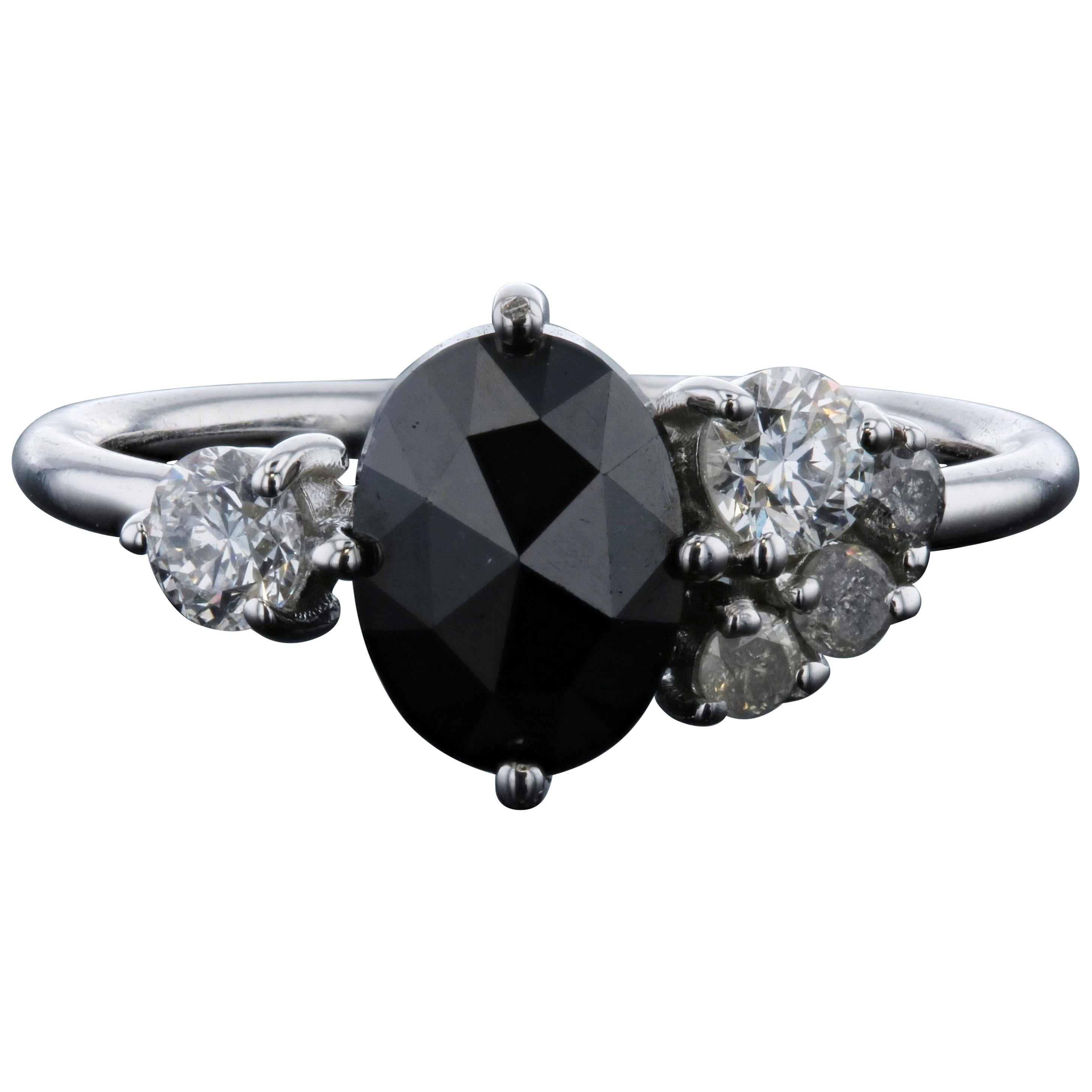 Salt and Pepper and Black Diamond Engagement Ring with Matching Wedding Band