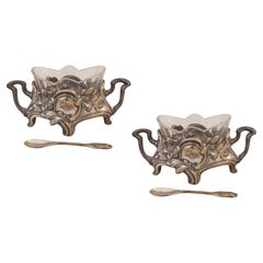 Retro Salt and Pepper Cellars with Spoon, Art Nouveau, Jugendstil, Liberty, 1900