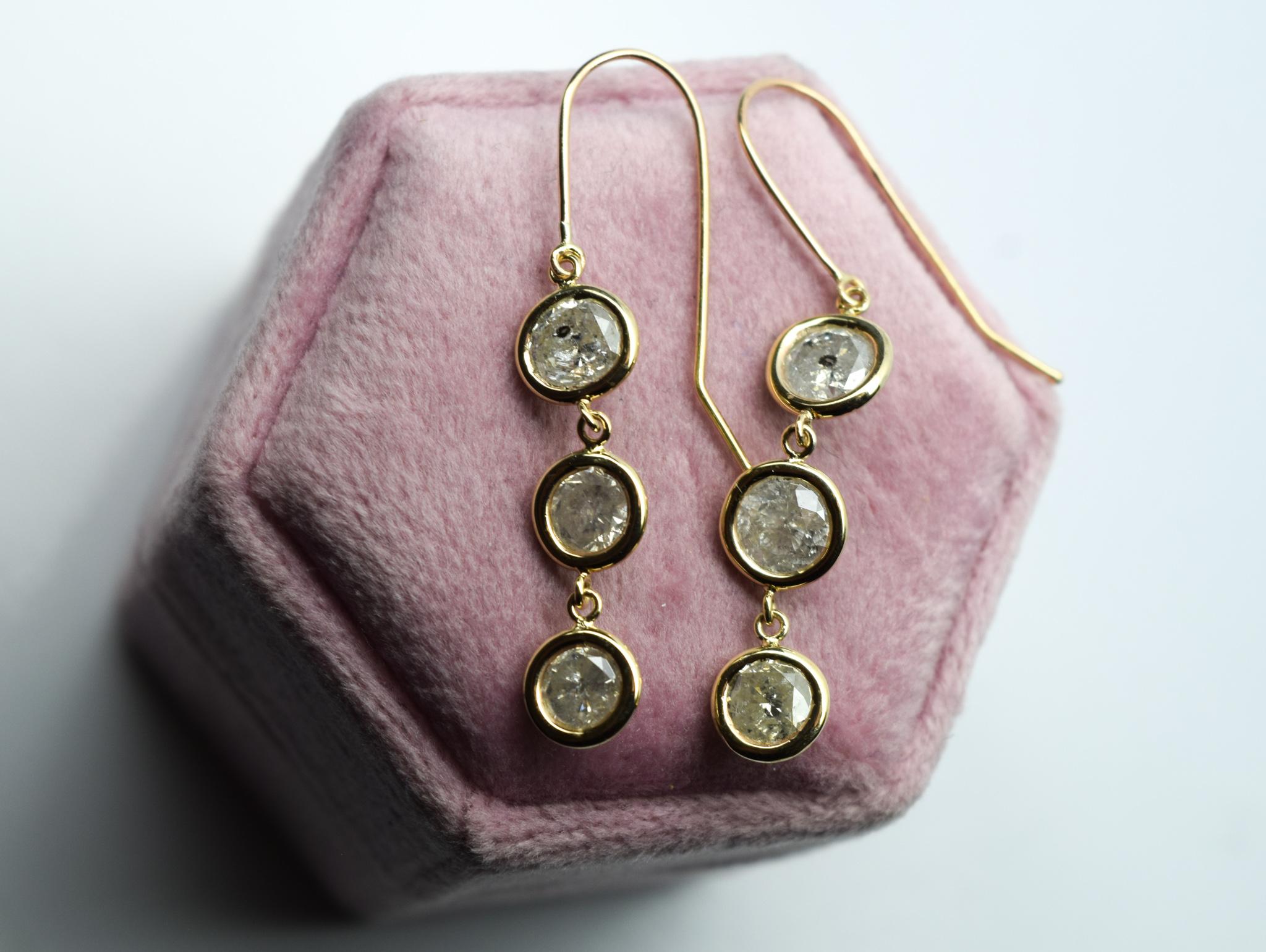 Round Cut Salt and pepper diamond earrings 4ct diamond earrings dangling 14KT gold For Sale