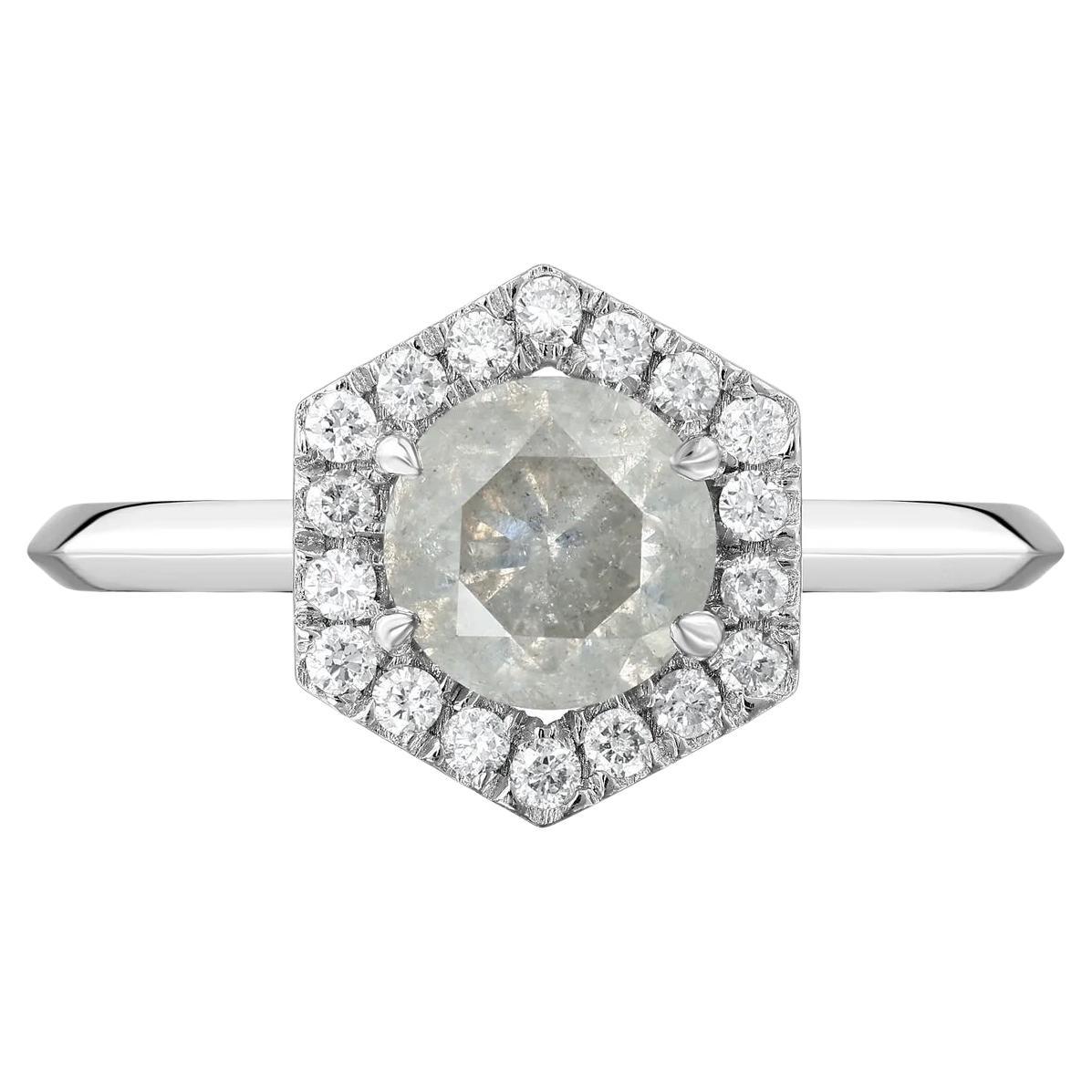 Salt-and-Pepper Diamond Hexagon Halo White Gold Engagement Ring, 1.07 Carat For Sale