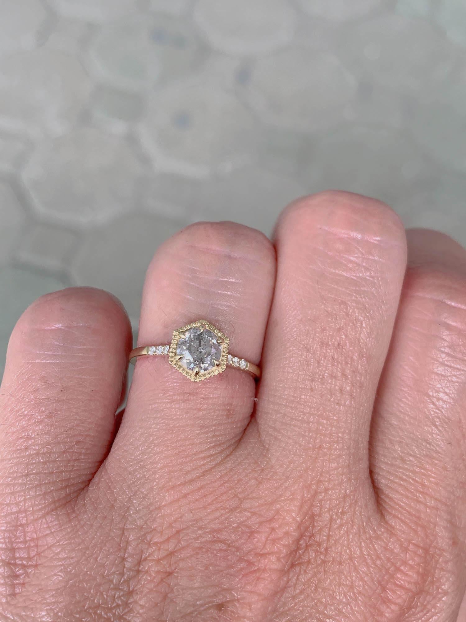Salt and Pepper Diamond in Hexagon Setting 14K Yellow Gold Engagement Ring  In New Condition For Sale In Osprey, FL