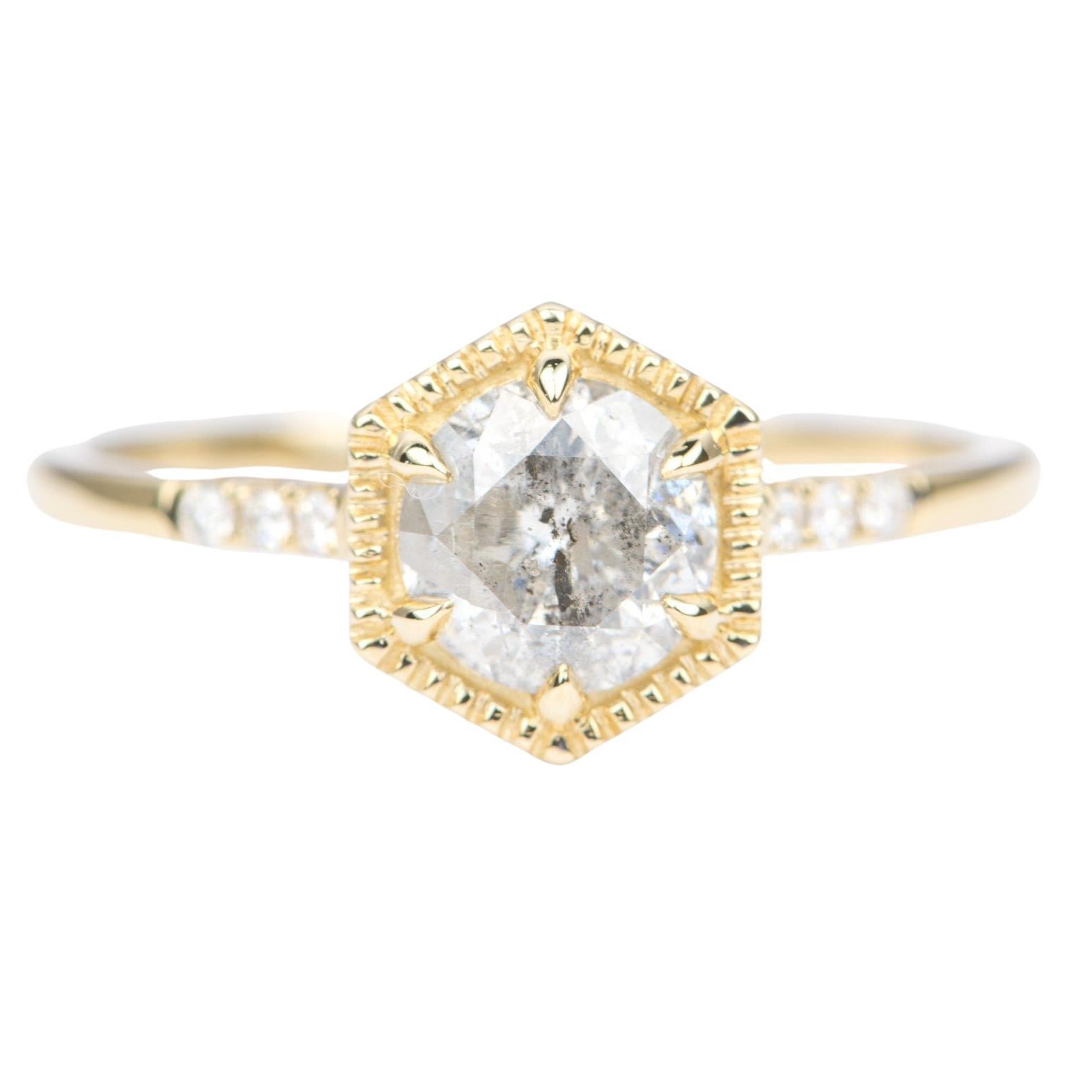 Salt and Pepper Diamond in Hexagon Setting 14K Yellow Gold Engagement Ring  For Sale