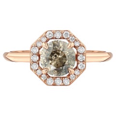 Salt-and-Pepper Diamond Octagonal Halo Rose Gold Engagement Ring, 1.07 Carat