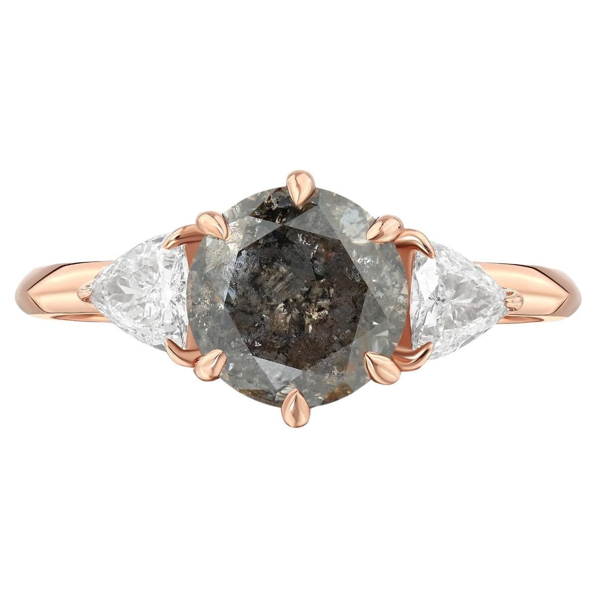 Salt-and-Pepper Diamond Three-Stone Rose Gold Engagement Ring, 1.82 Carat For Sale