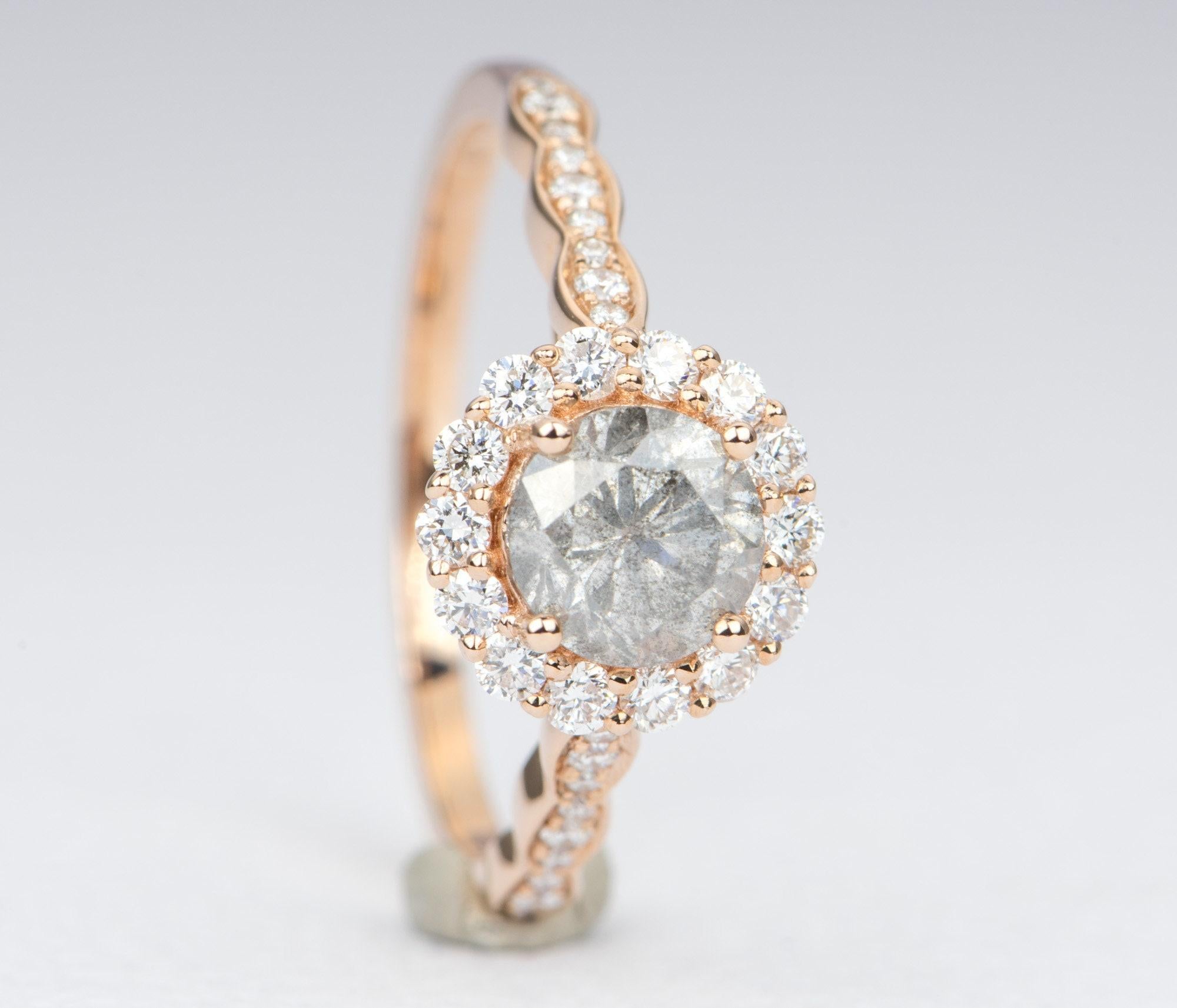 Round Cut Salt and Pepper Diamond with Brilliant Halo 14K Rose Gold Engagement Ring For Sale
