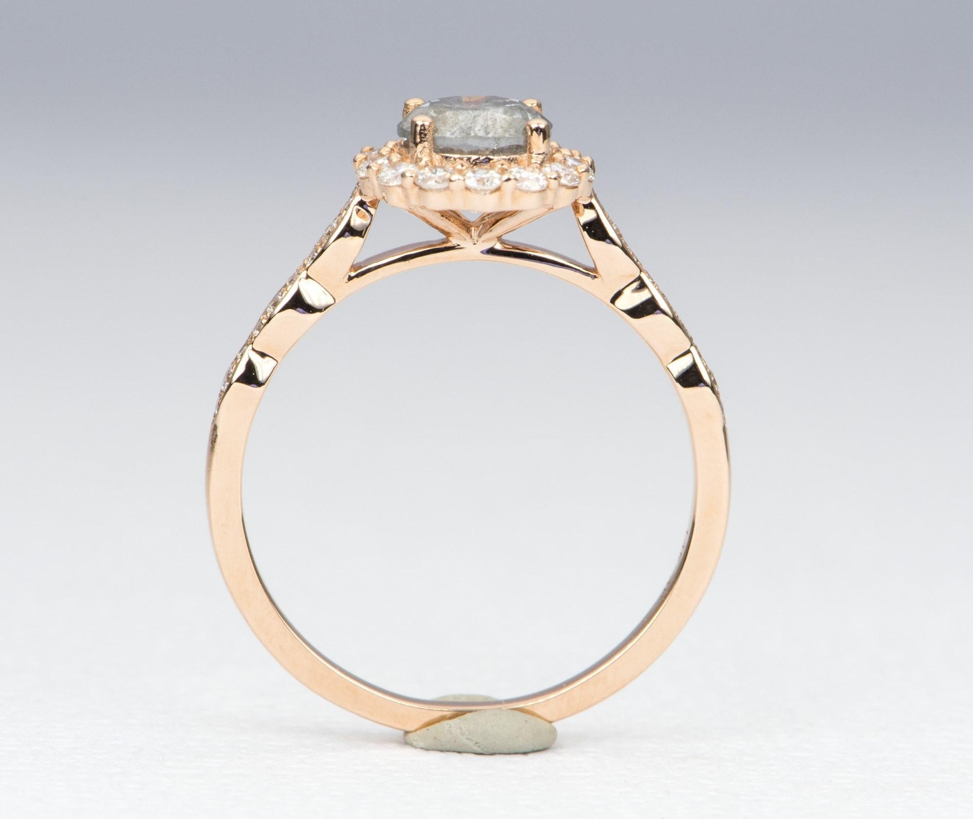 Salt and Pepper Diamond with Brilliant Halo 14K Rose Gold Engagement Ring In New Condition For Sale In Osprey, FL