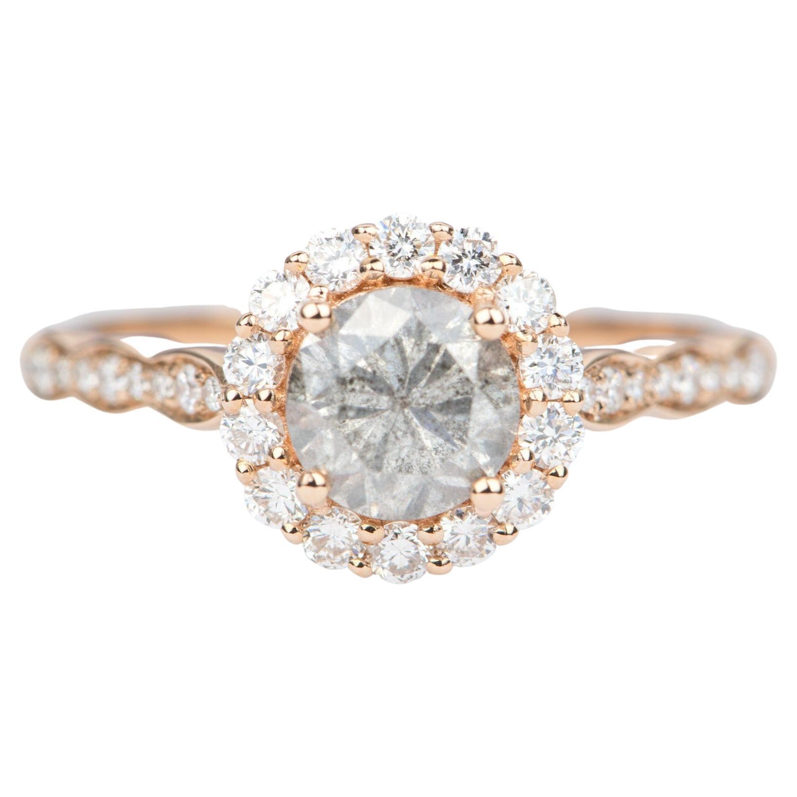 Salt and Pepper Diamond with Brilliant Halo 14K Rose Gold Engagement Ring For Sale