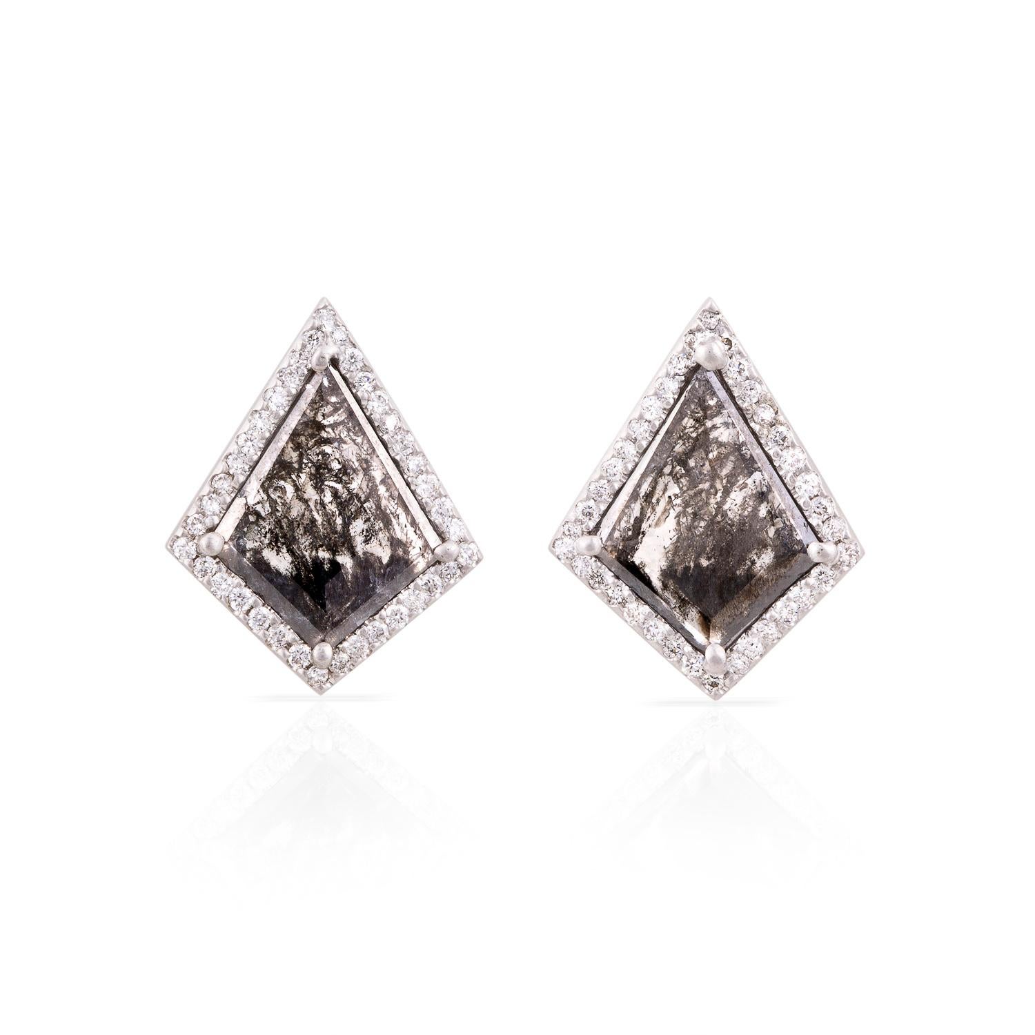 Contemporary Salt and Pepper Geometric Kite Studs with Diamond Pave in 18k Matte White Gold