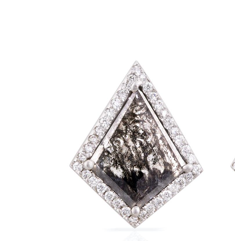 Mixed Cut Salt and Pepper Geometric Kite Studs with Diamond Pave in 18k Matte White Gold