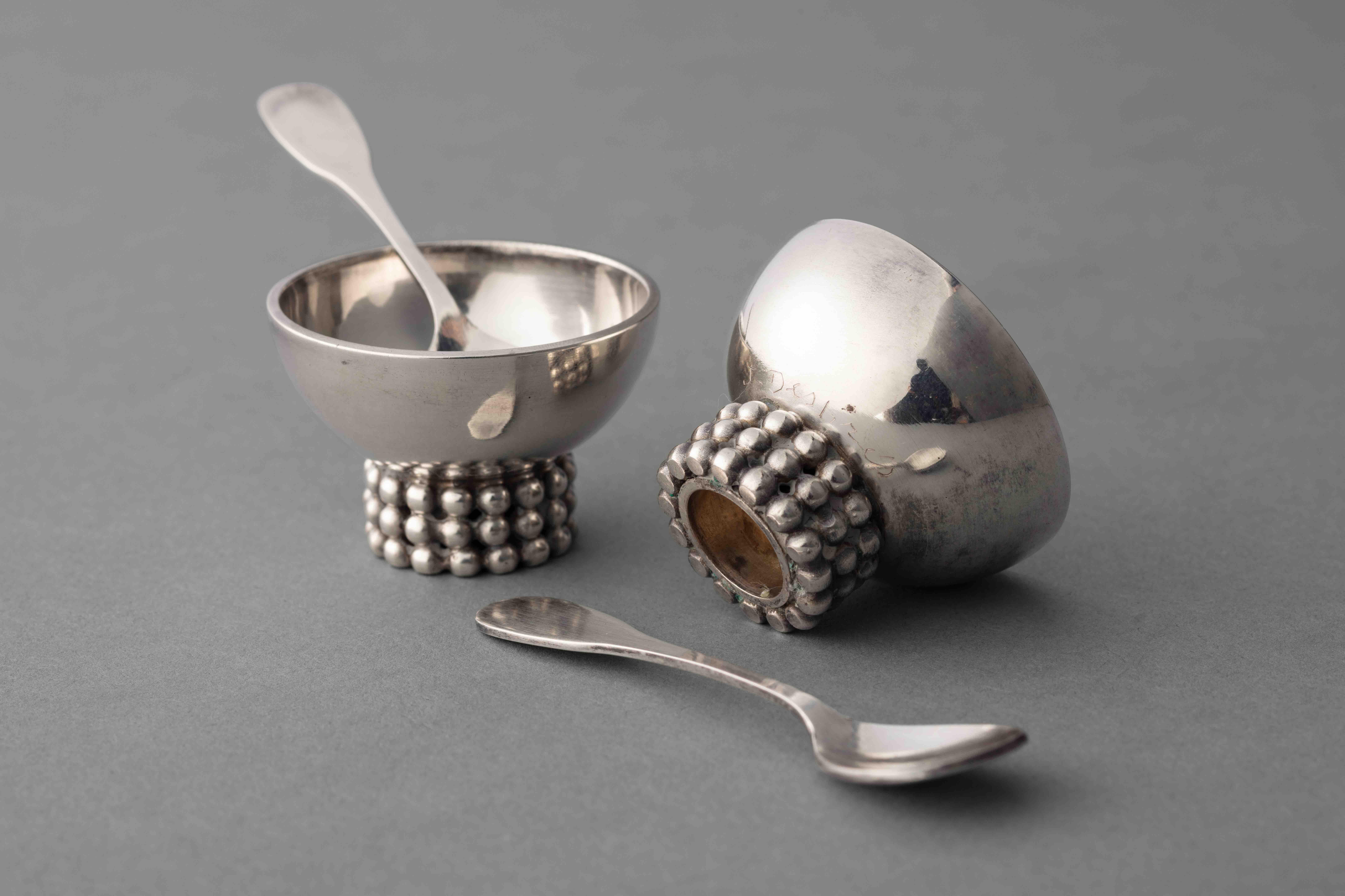 French Salt and Pepper Pots with Spoons For Sale