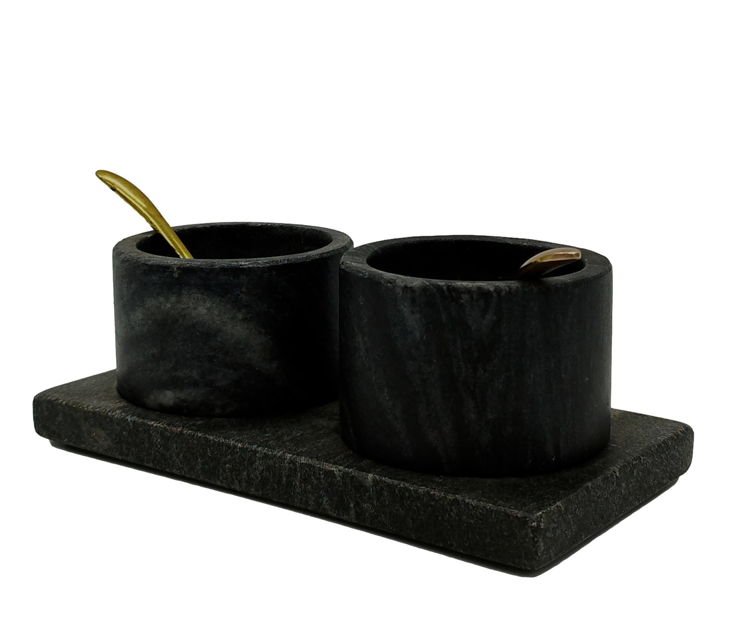 Mid-Century Modern Salt and Pepper Set with Tray, in Black Marble, Italy, 1960s For Sale
