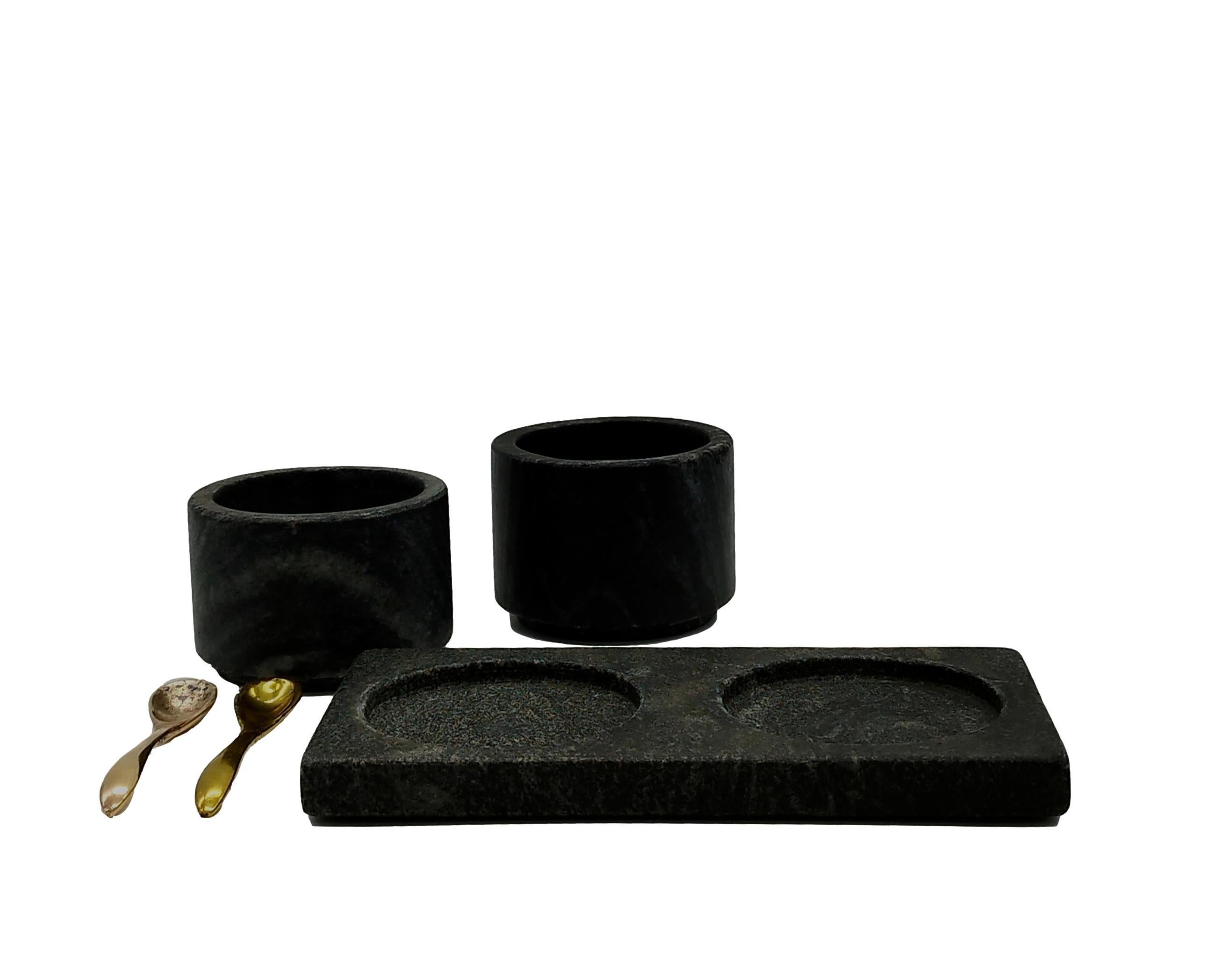 Italian Salt and Pepper Set with Tray, in Black Marble, Italy, 1960s For Sale