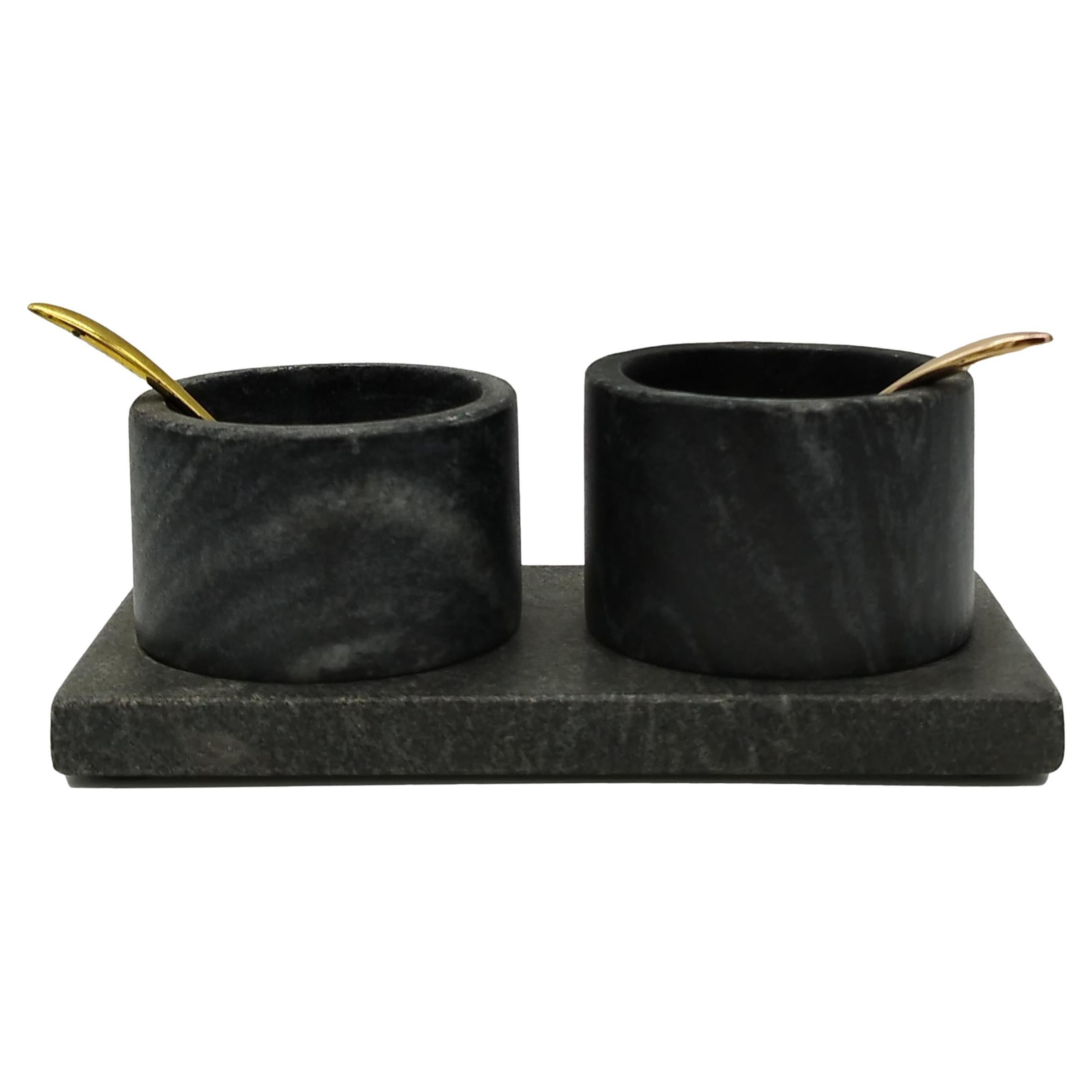 Salt and Pepper Set with Tray, in Black Marble, Italy, 1960s