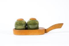 Salz- und Pfefferstreuer mit Ständer aus Teakholz und Keramik, um 1960