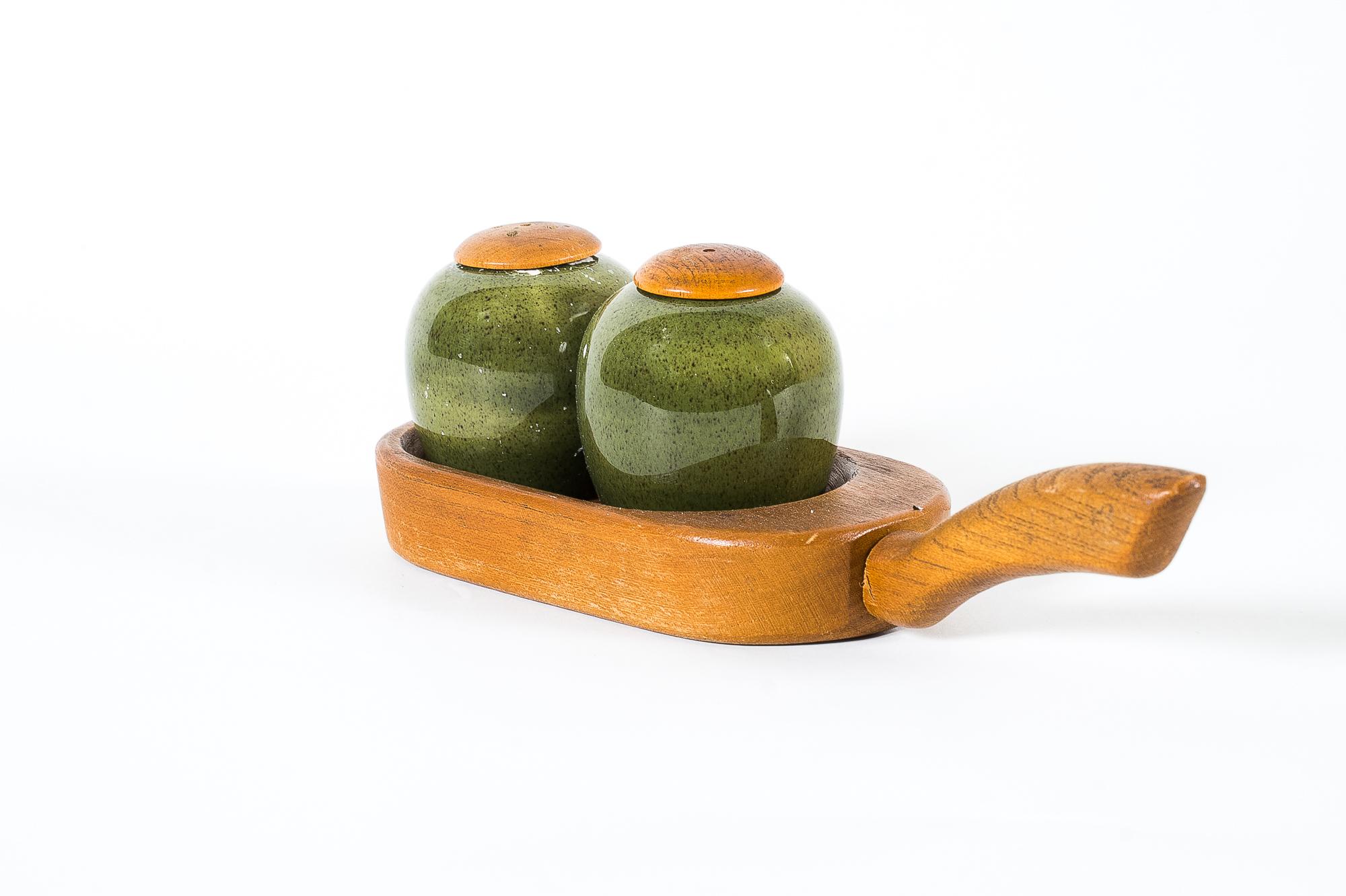 Mid-Century Modern Salt and Pepper Shaker with Stand in Teakwood and Ceramic, Around 1960s For Sale