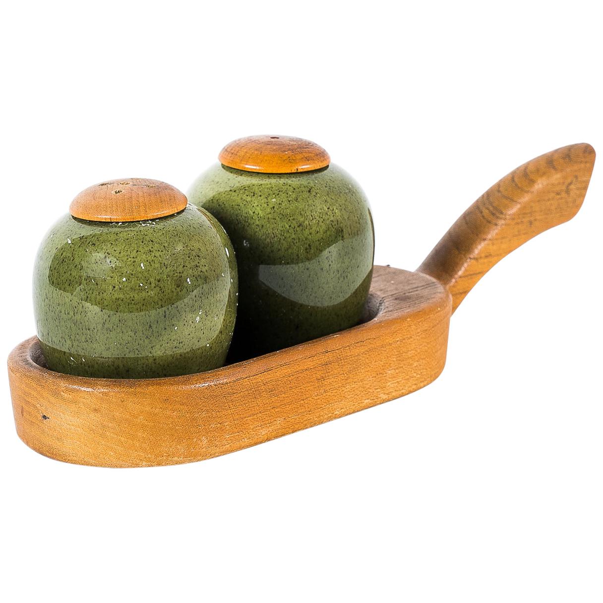 Salt and Pepper Shaker with Stand in Teakwood and Ceramic, Around 1960s For Sale