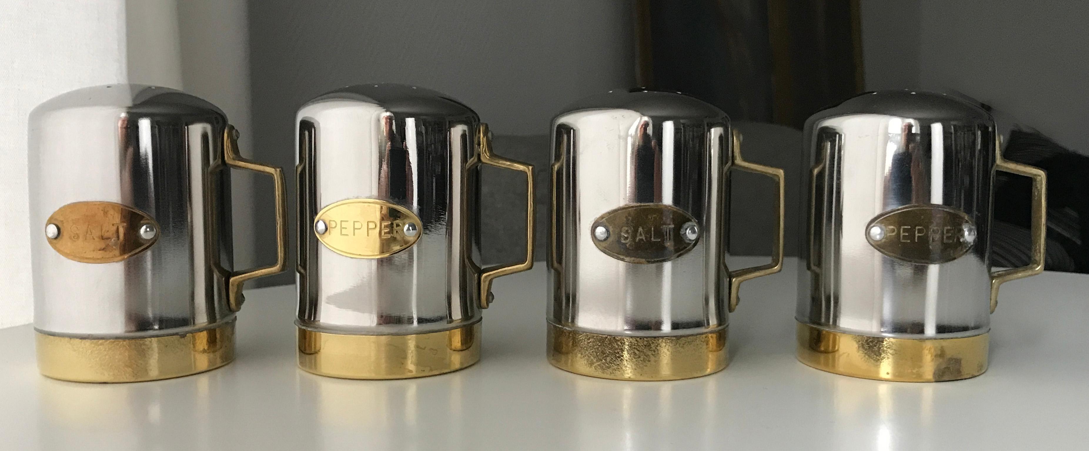 Danish Salt and Pepper Space Age Vintage Diner Set, 1960s Chrome and Brass For Sale