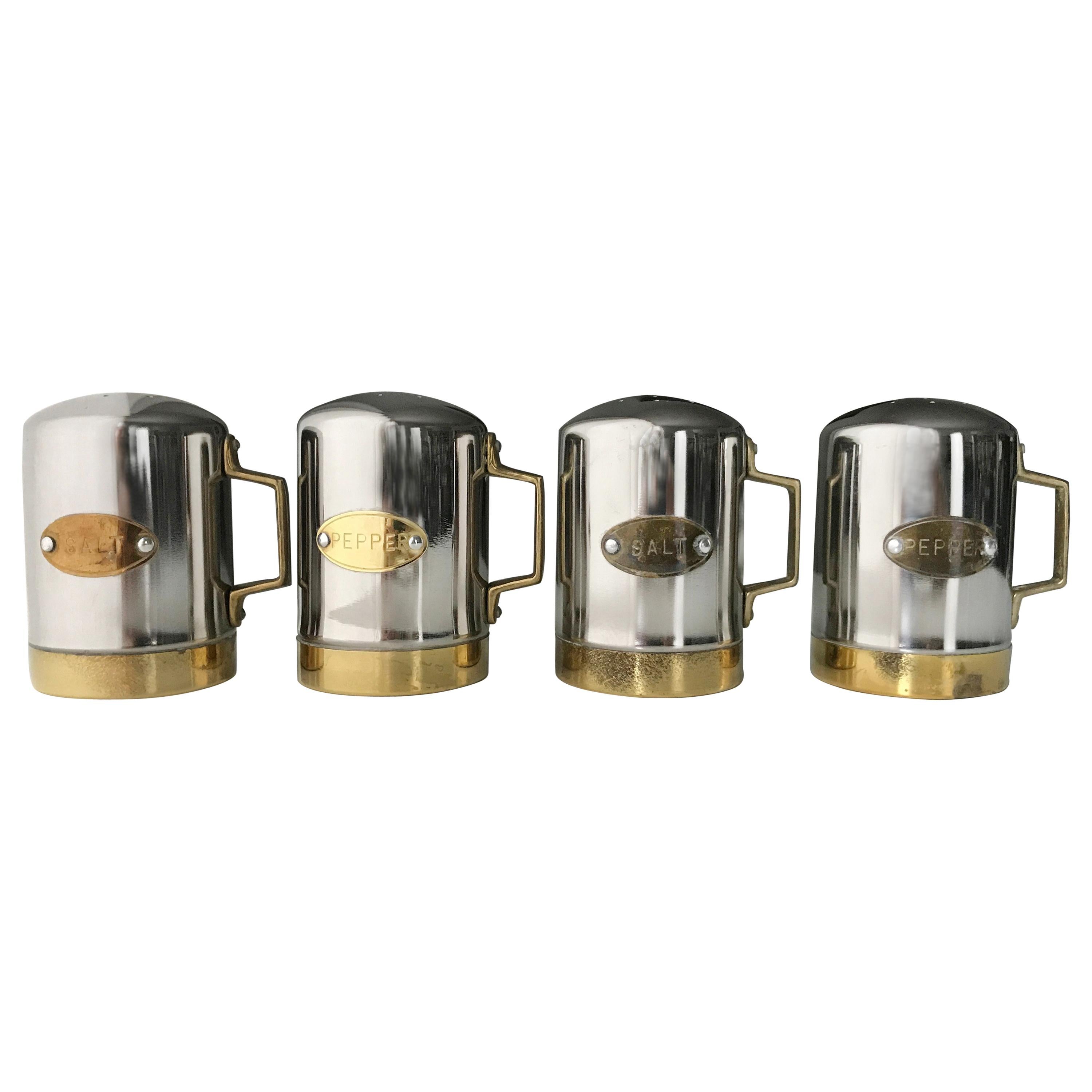 Salt and Pepper Space Age Vintage Diner Set, 1960s Chrome and Brass For Sale