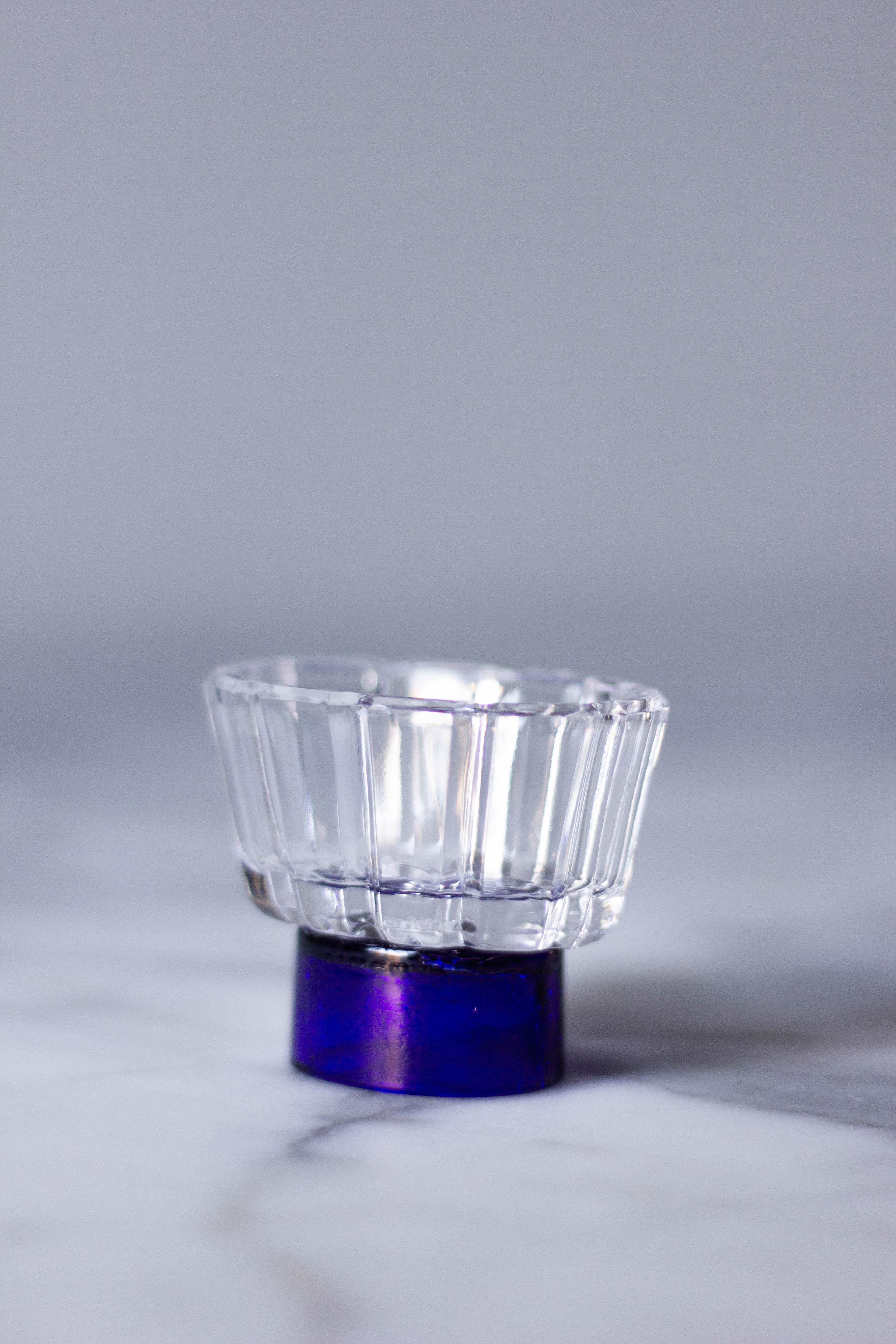 Crystal Contemporary Blue Glass Blown Salt Cellar and spoon Handcrafted, Natalia Criado For Sale