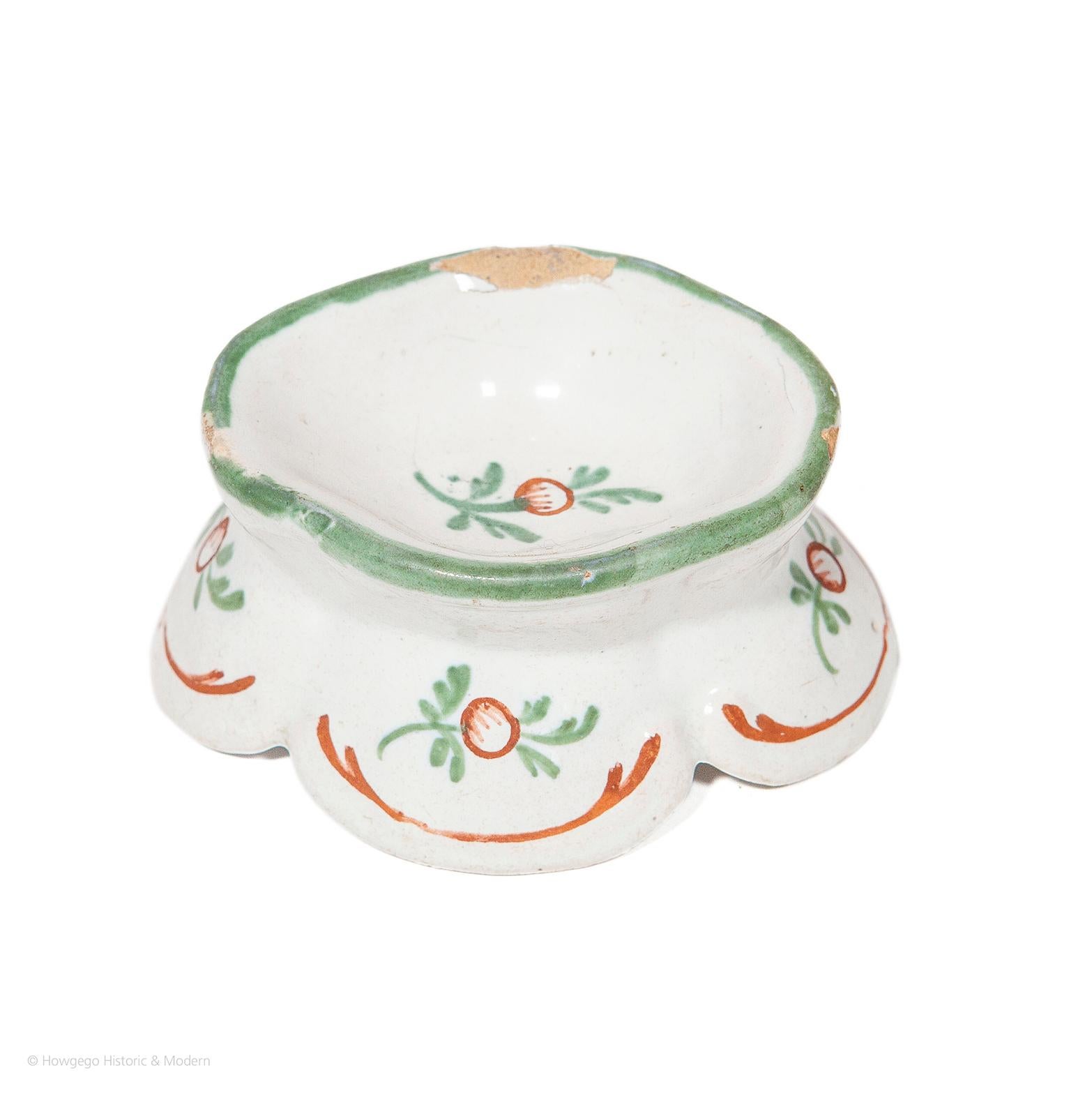 Hand-Painted Salt Cellar Dish Faience French Oval Shaped Skirt Green Brown White For Sale