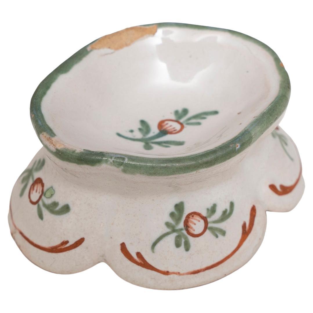 Salt Cellar Dish Faience French Oval Shaped Skirt Green Brown White For Sale