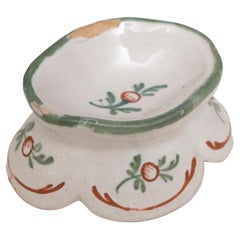 Salt Cellar Dish Faience French Oval Shaped Skirt Green Brown White