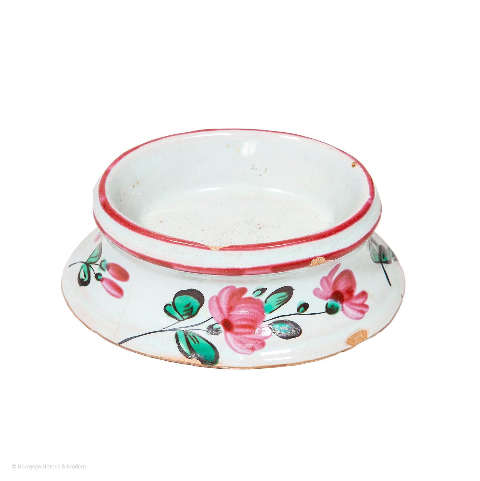 Hand-Painted Salt Cellar Dish Faience French Rose Green White Flowers For Sale