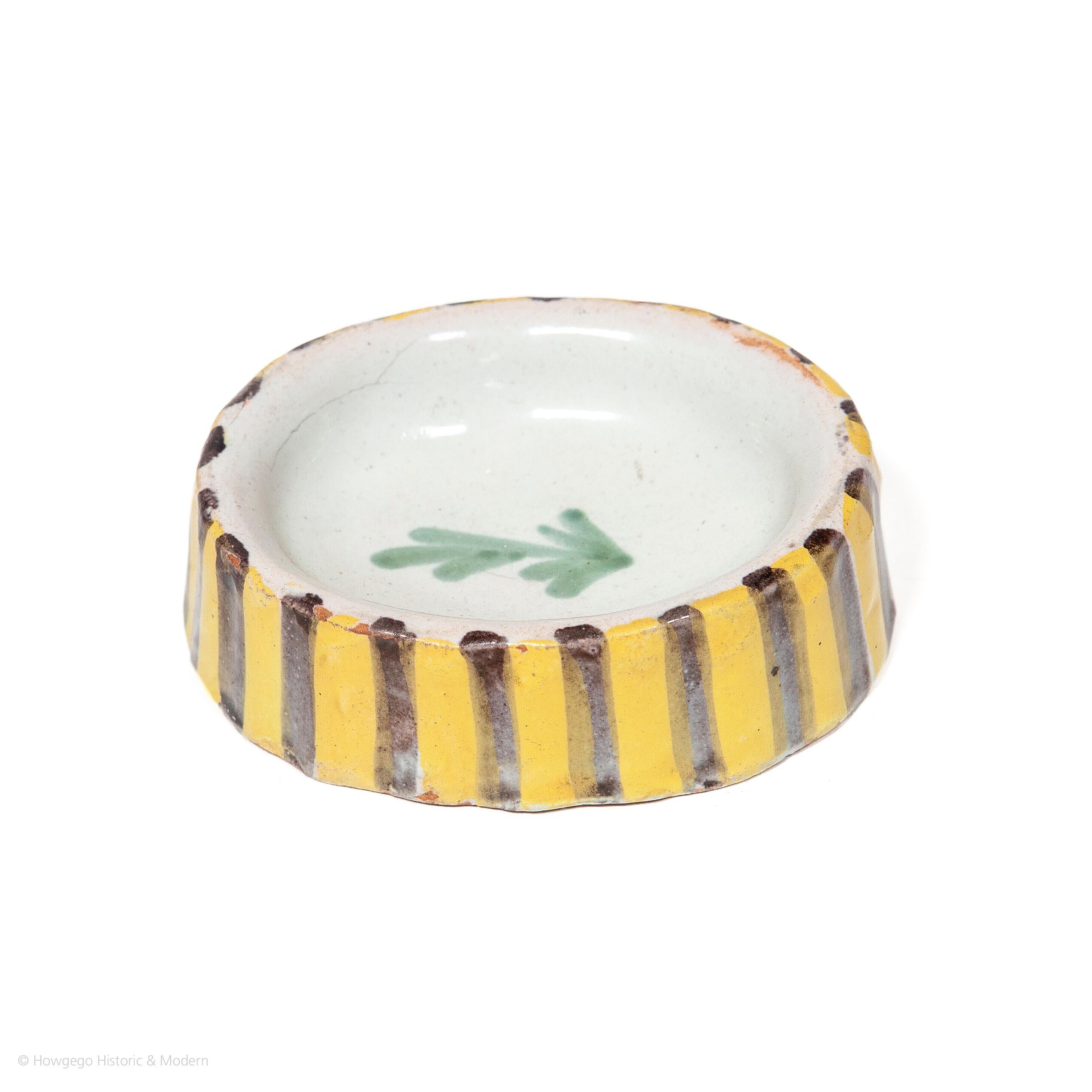 Hand-Painted Salt Cellar Dish Faience Oval French Yellow Blue White Sprig Stripe For Sale