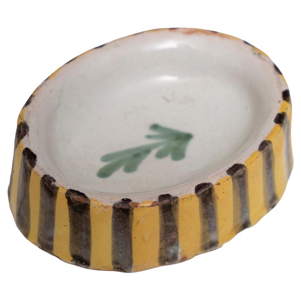 Salt Cellar Dish Faience Oval French Yellow Blue White Sprig Stripe