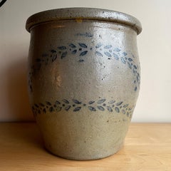 Salt Glaze Cobalt Stoneware Pottery Jar Double Wreath Banner Decorated Crock