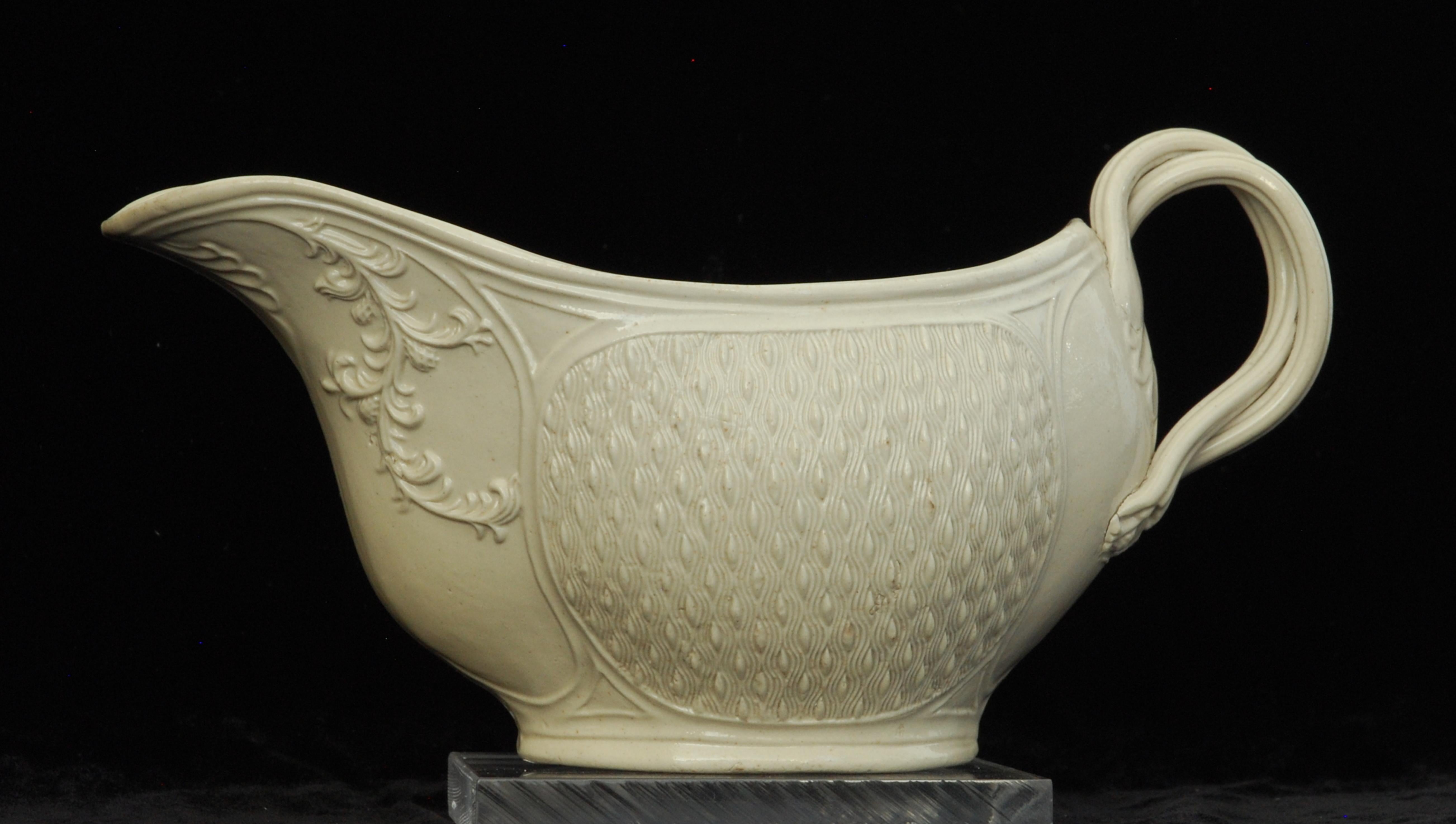An excellent example of the popular Barleycorn pattern, crisply moulded in panels to the sides, with graceful sprigs. Salt-glaze particularly suits this sort of fine relief.

Excellent Provenance: Oster, Twigg, & Kanter collections; Jonathon