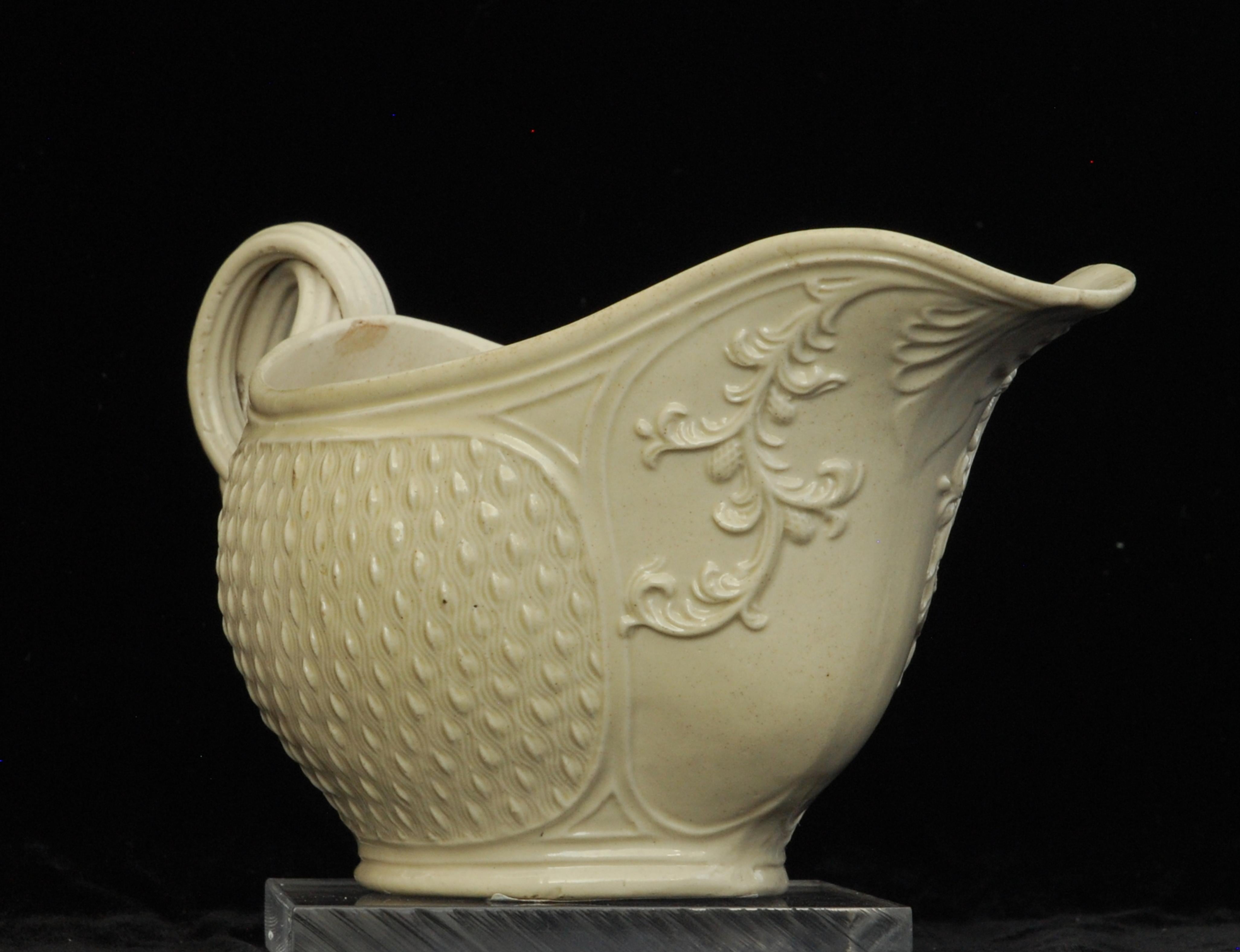 Neoclassical Salt Glaze Sauce Boat, Barley-Corn Pattern, English, circa 1755 For Sale